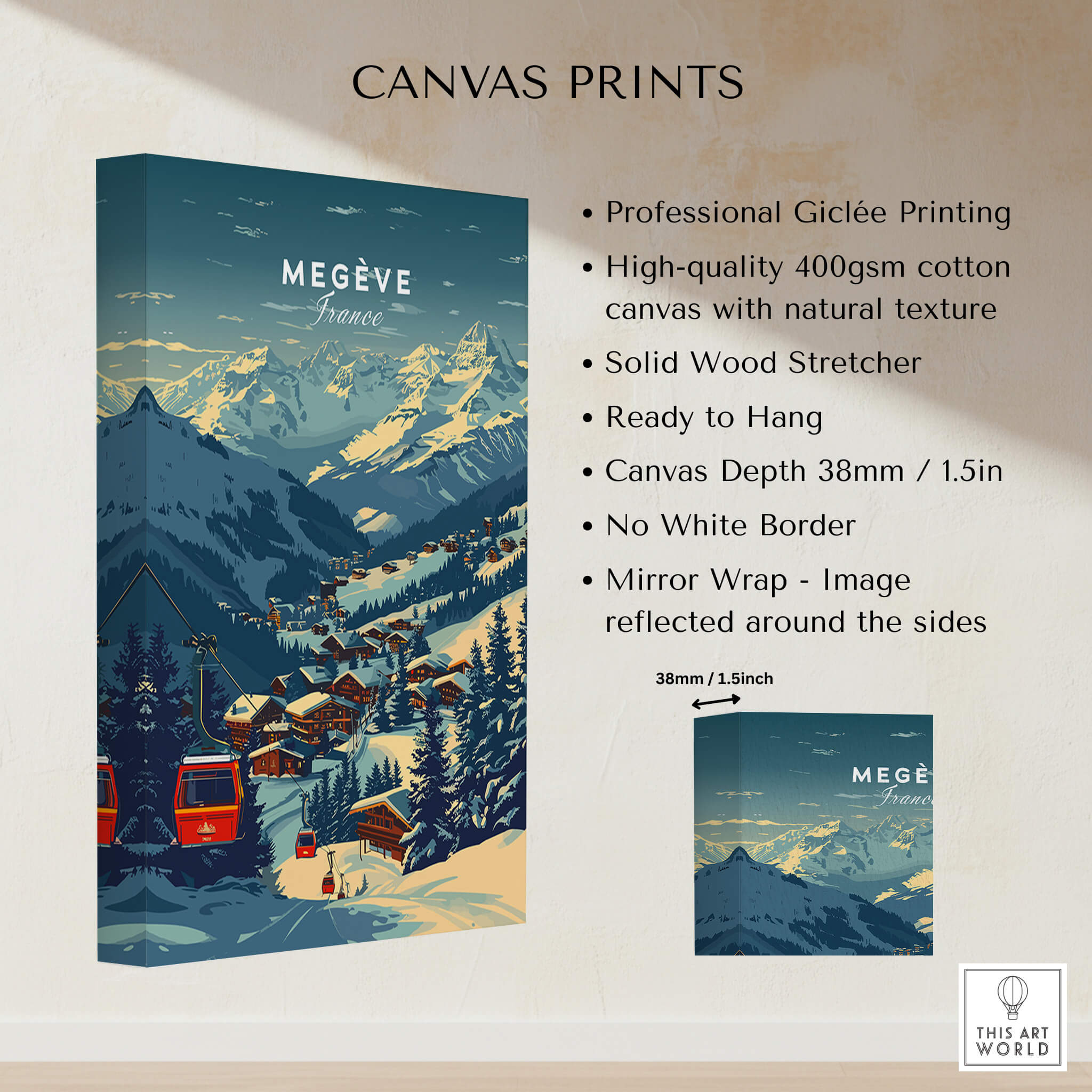 Megève Print France Ski Poster showcasing a scenic ski resort with mountains and gondolas on canvas.