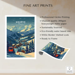 Megève Print France Ski Poster showcasing a picturesque ski resort with mountains and chalets in the French Alps.