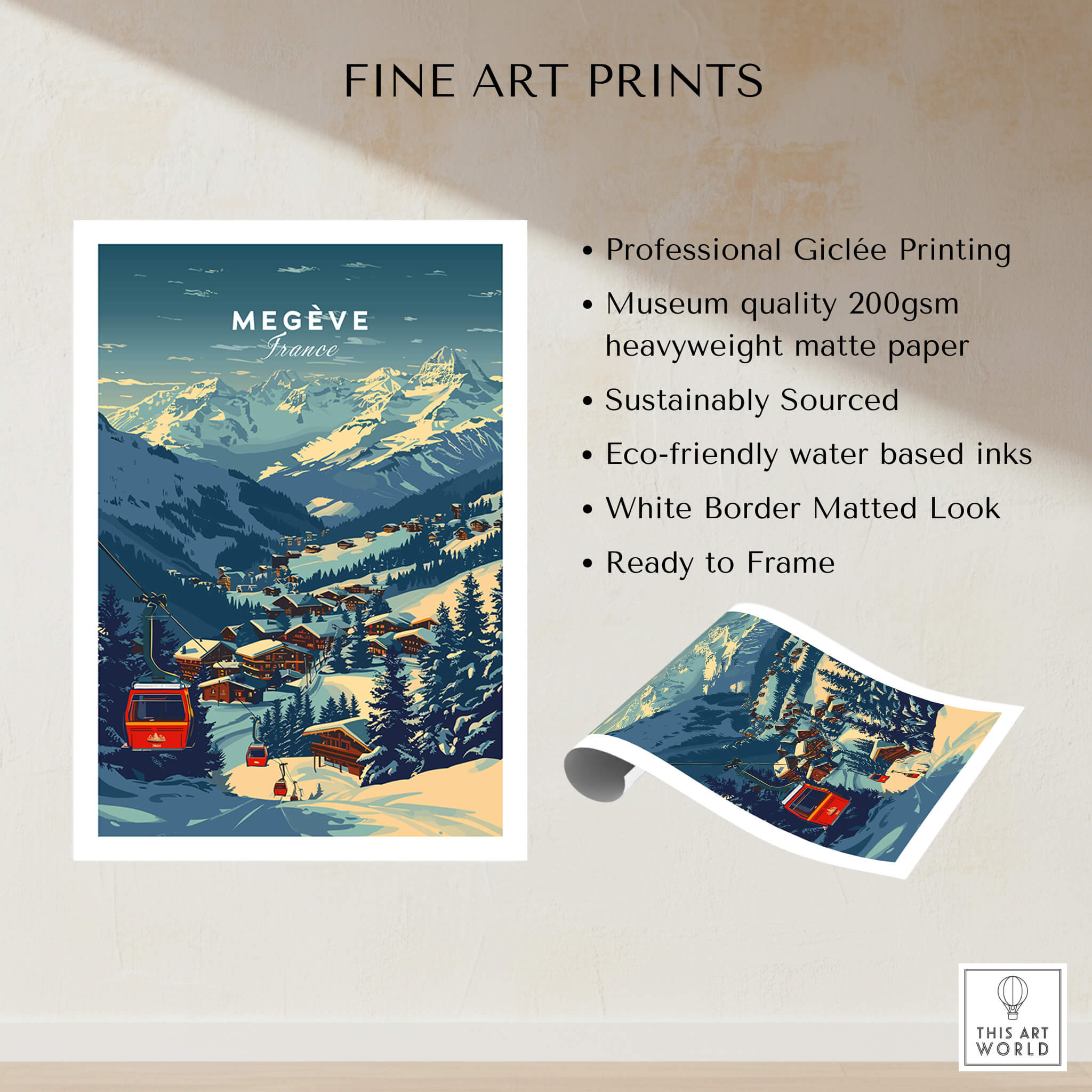 Megève Print France Ski Poster showcasing a picturesque ski resort with mountains and chalets in the French Alps.