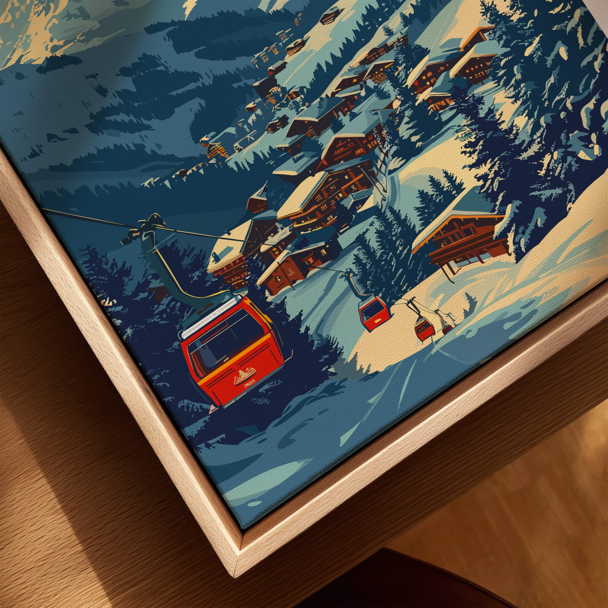 Megève Print France Ski Poster showcasing ski lifts and chalets in a snowy alpine setting.