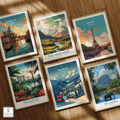 Megève Print France Ski Poster along with vibrant travel posters from Venice, Paris, Singapore, The Highlands, and Sri Lanka.