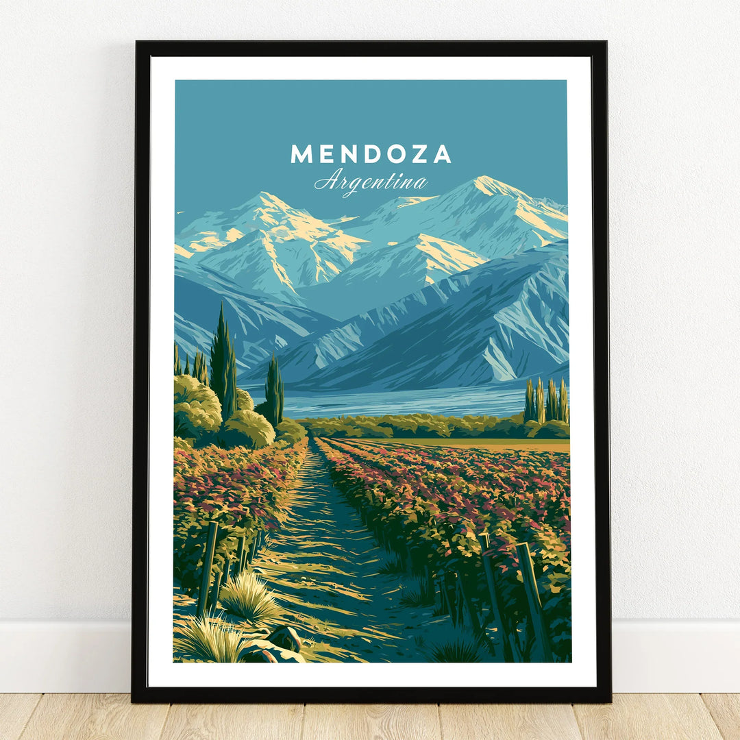 Mendoza Argentina Vineyards Travel Poster — art print in black frame on wooden floor