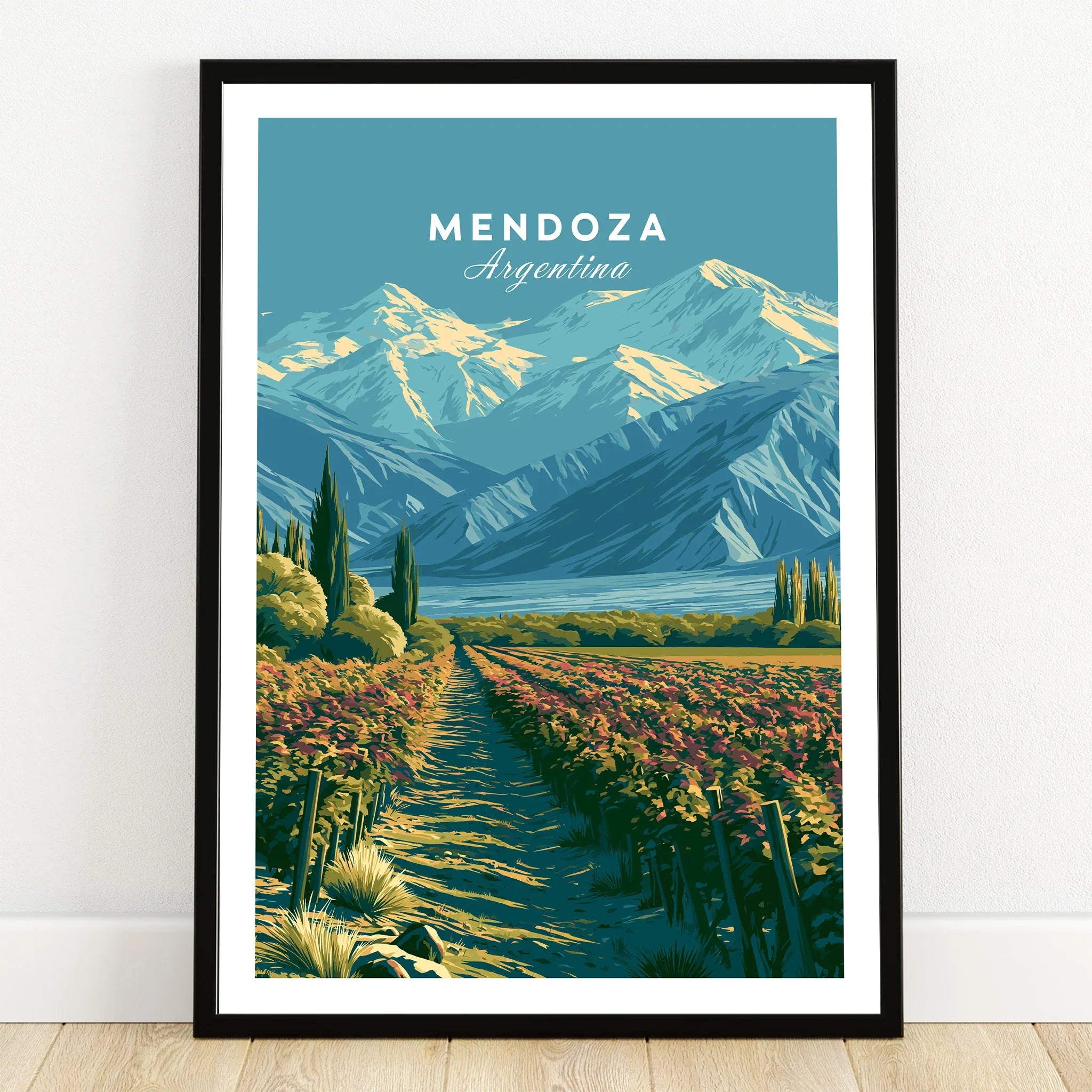 Mendoza Argentina Vineyards Travel Poster — art print in black frame on wooden floor