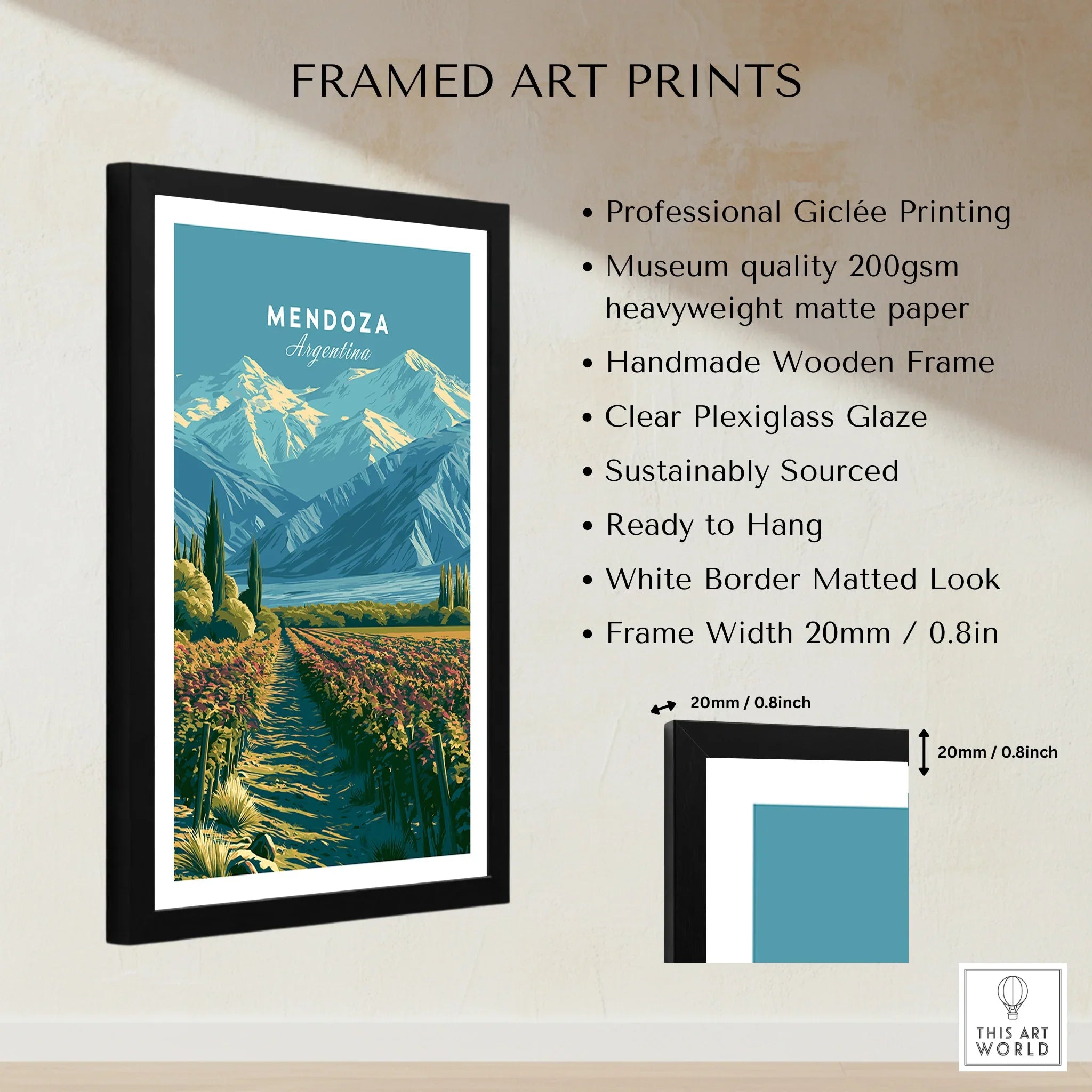 Mendoza Argentina Vineyards Travel Poster — framed print details measurements quality details