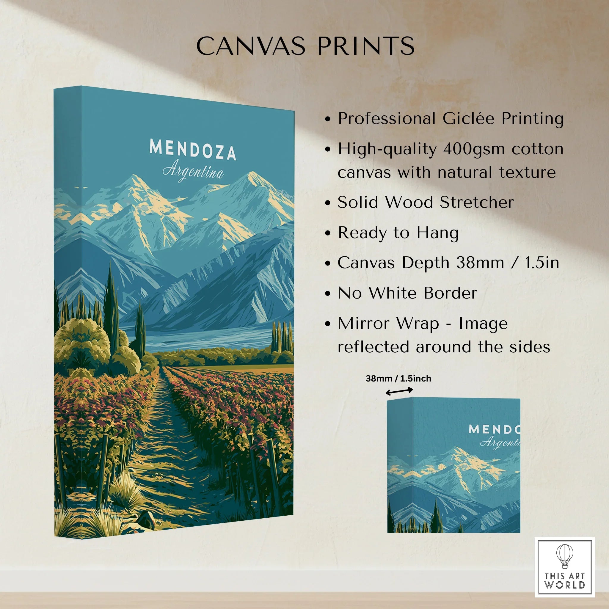 Mendoza Argentina Vineyards Travel Poster — canvas print stretched cotton canvas details