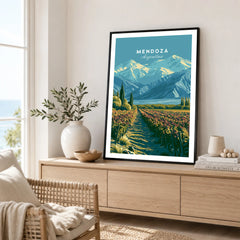 Mendoza Argentina Vineyards Travel Poster — framed artwork living room lifestyle setting