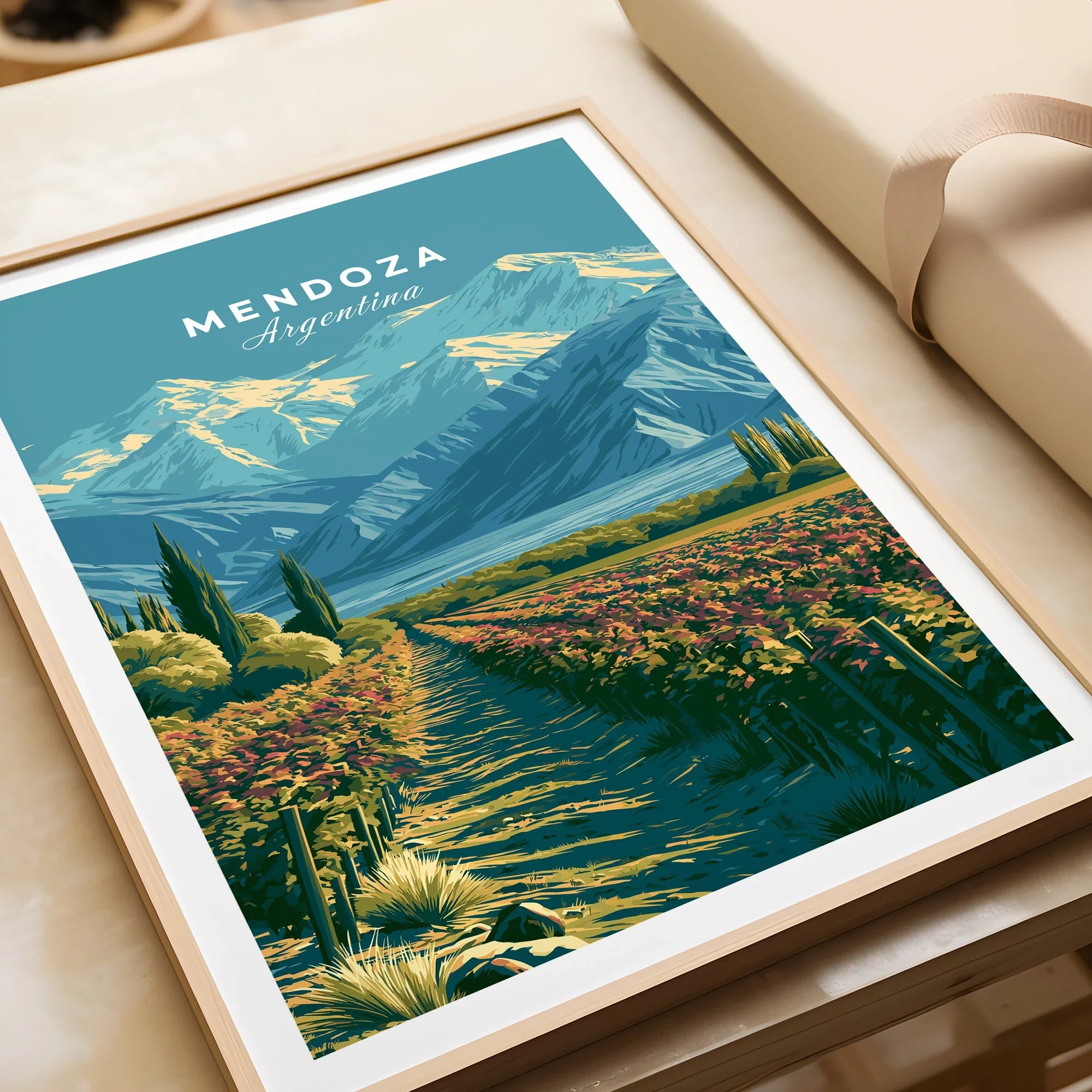 Mendoza Argentina Vineyards Travel Poster — framed art print closeup gift unwrapped natural frame