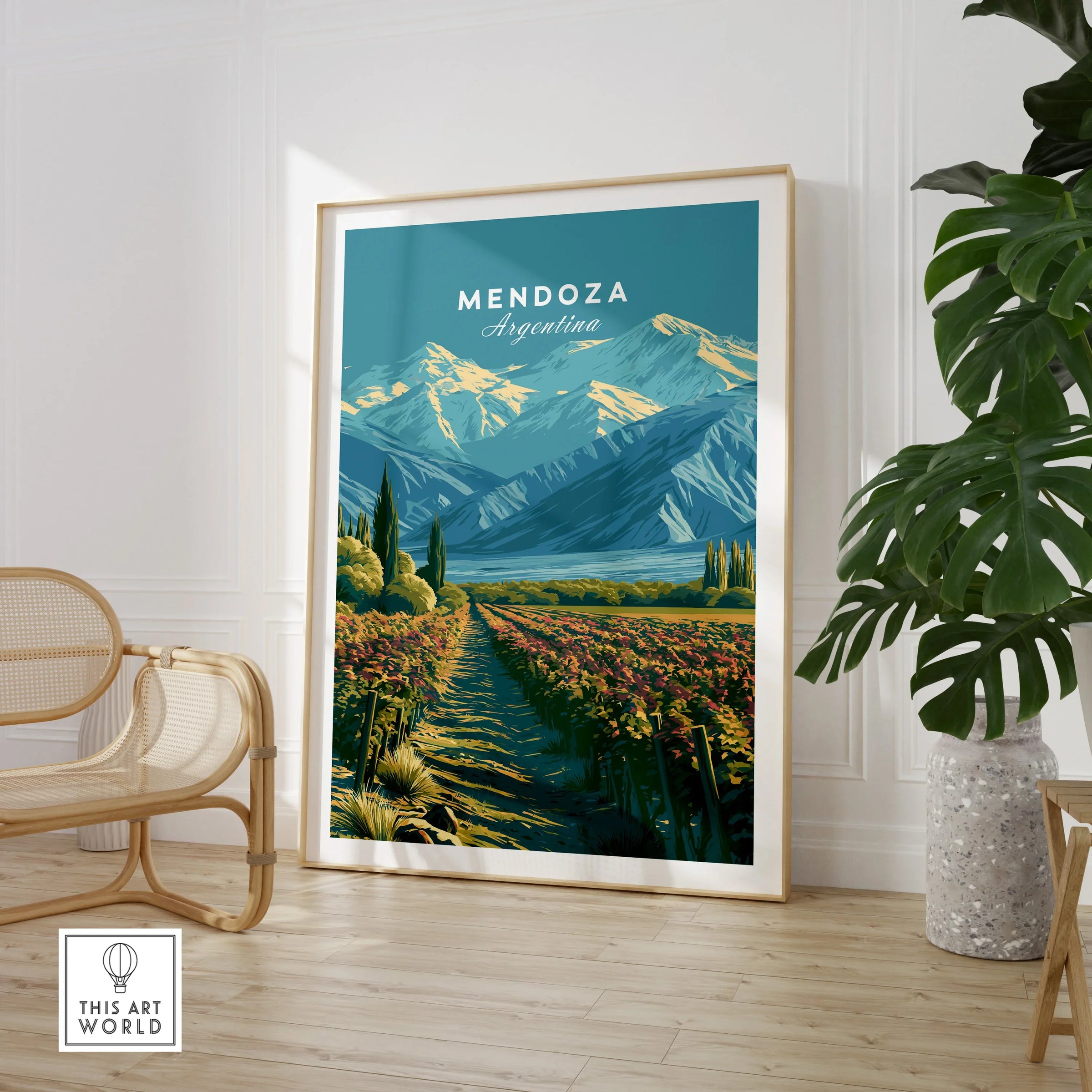 Mendoza Argentina Vineyards Travel Poster — large framed print room setting chair plant