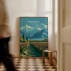Mendoza Argentina Vineyards Travel Poster — framed canvas on floor man walking past