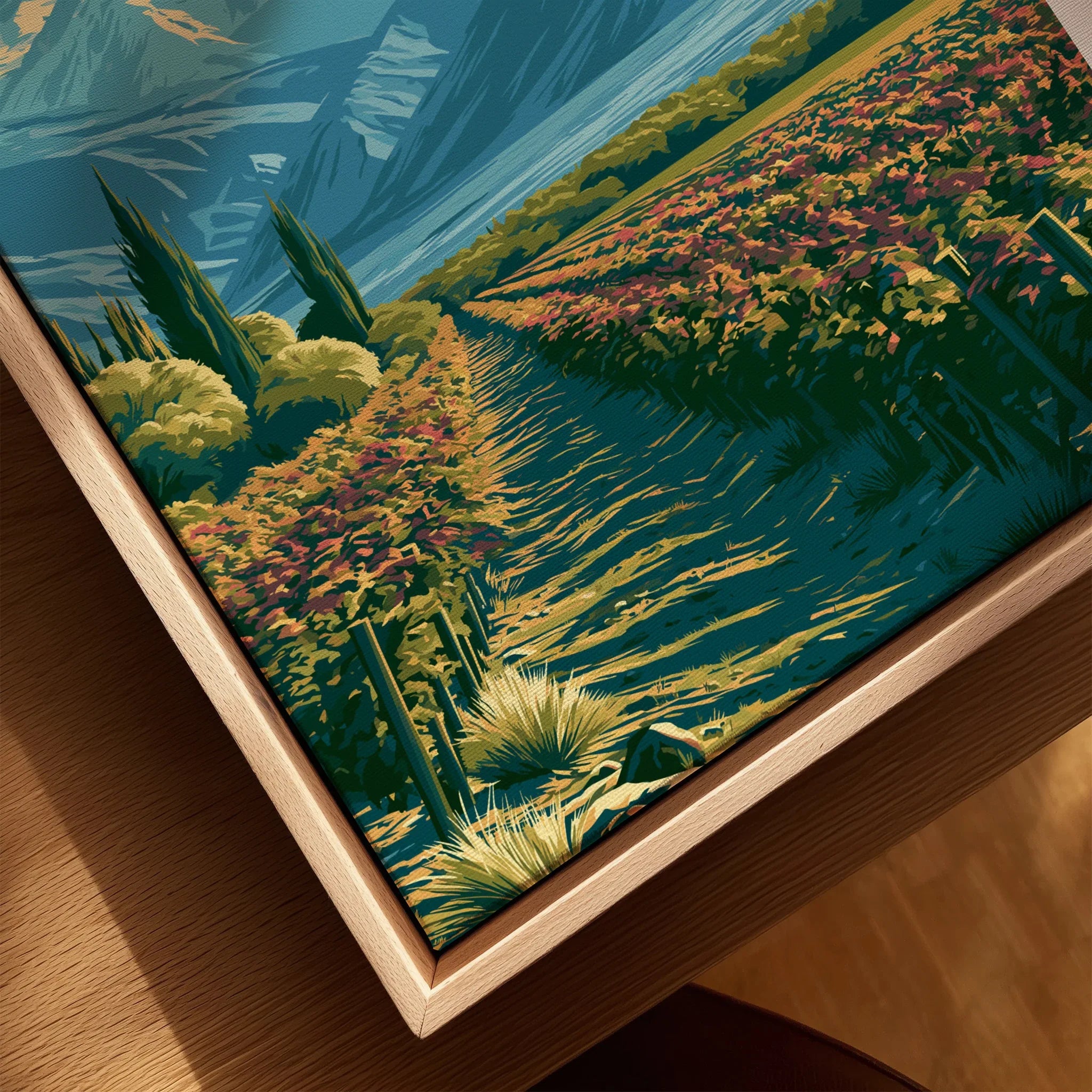 Mendoza Argentina Vineyards Travel Poster — closeup framed canvas natural wood floating frame