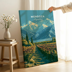 Mendoza Argentina Vineyards Travel Poster — canvas print mirror edge hand holding room setting