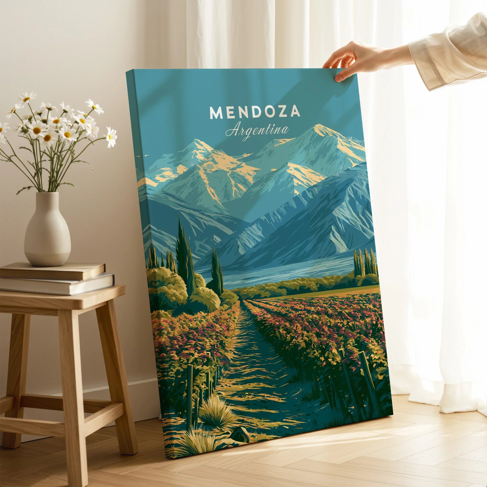 Mendoza Argentina Vineyards Travel Poster — canvas print mirror edge hand holding room setting