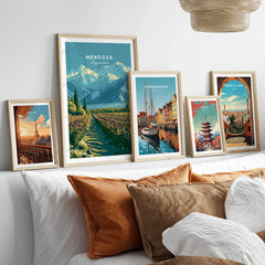 Mendoza Argentina Vineyards Travel Poster — set five framed artprints above bed natural wood frames