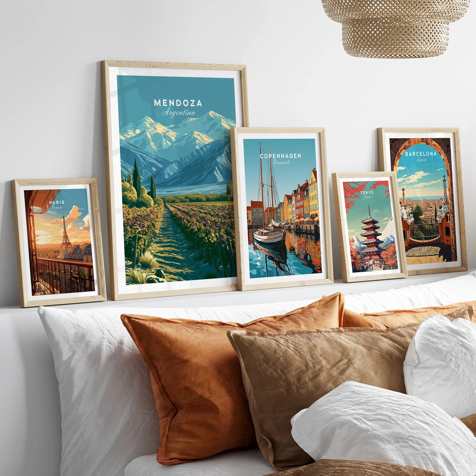 Mendoza Argentina Vineyards Travel Poster — set five framed artprints above bed natural wood frames