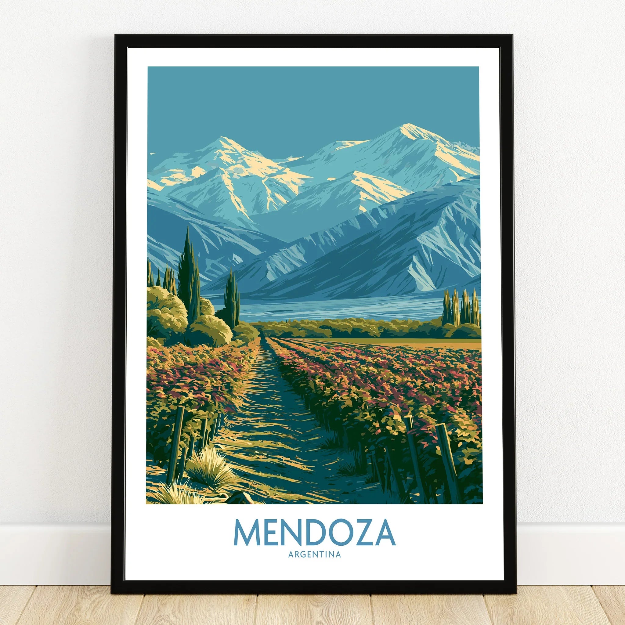 Mendoza Argentina Andes Wall Art — art print in black frame on wooden floor