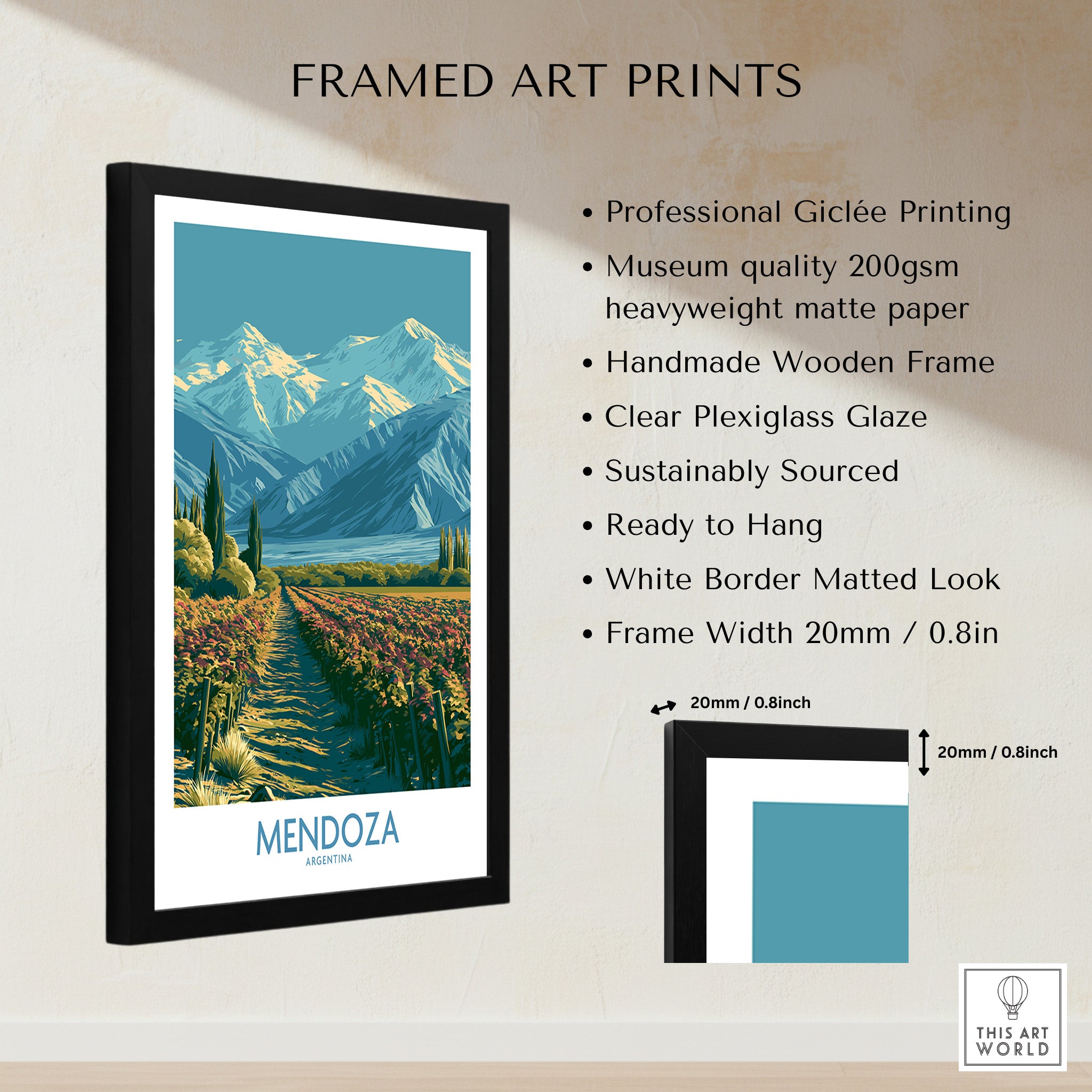 Mendoza Argentina Andes Wall Art — framed print details measurements quality details