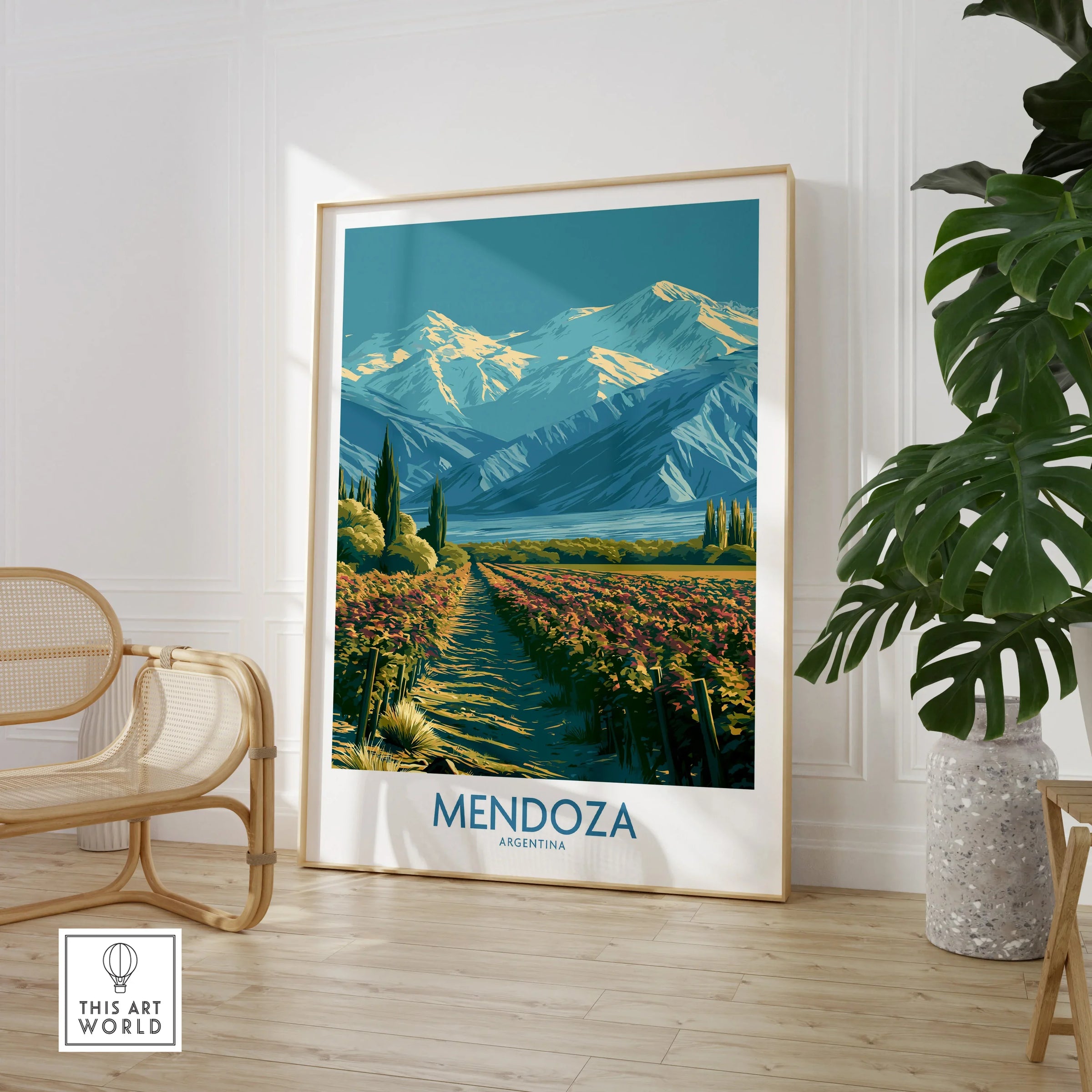 Mendoza Argentina Andes Wall Art — large framed print room setting chair plant