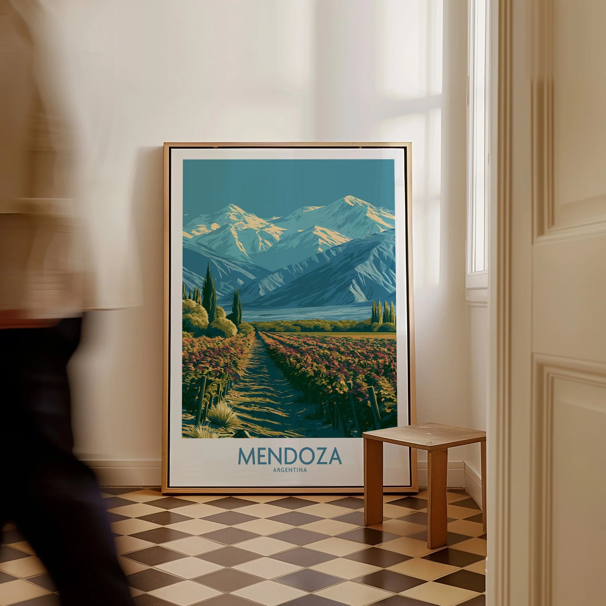 Mendoza Argentina Andes Wall Art — framed canvas on floor man walking past