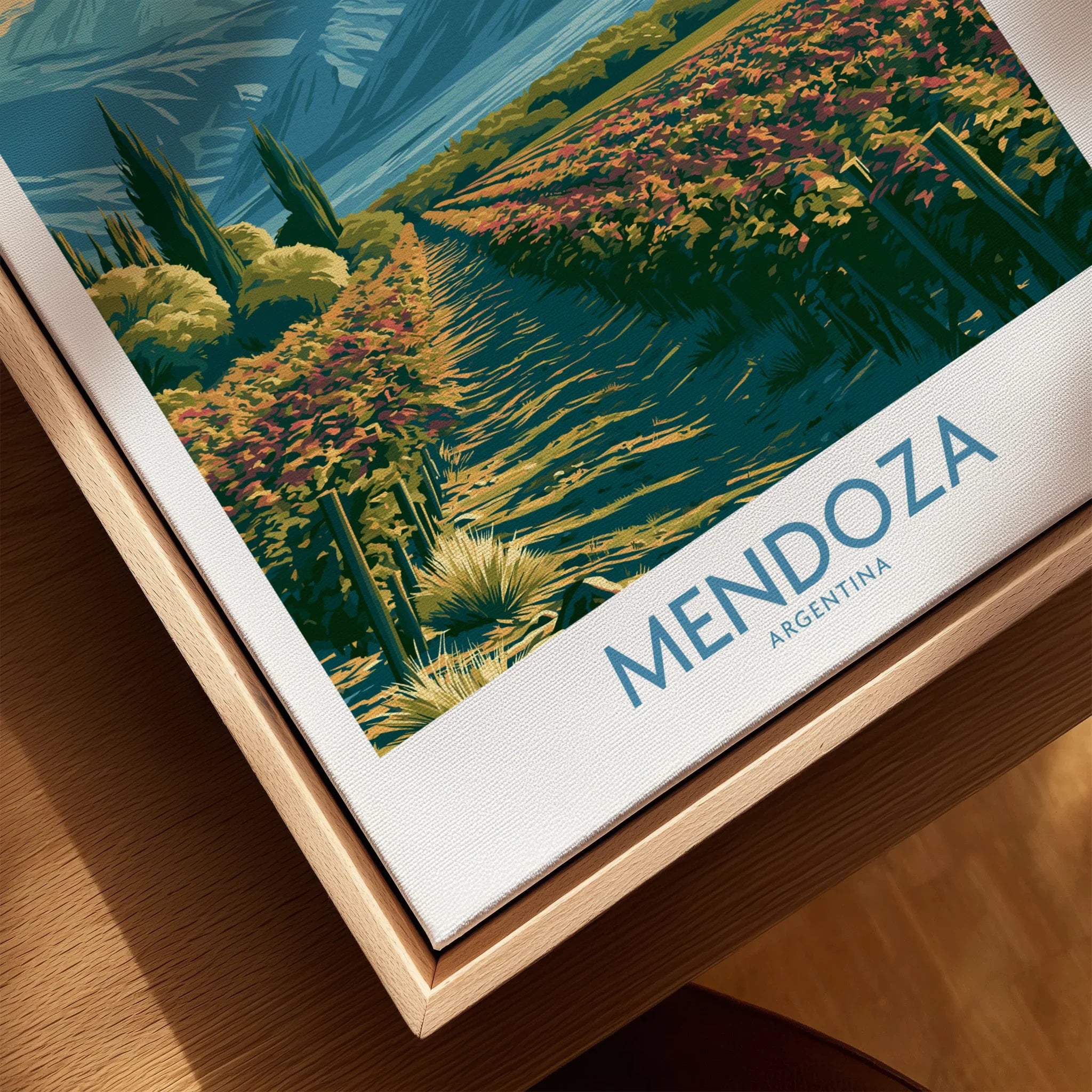 Mendoza Argentina Andes Wall Art — closeup framed canvas natural wood floating frame