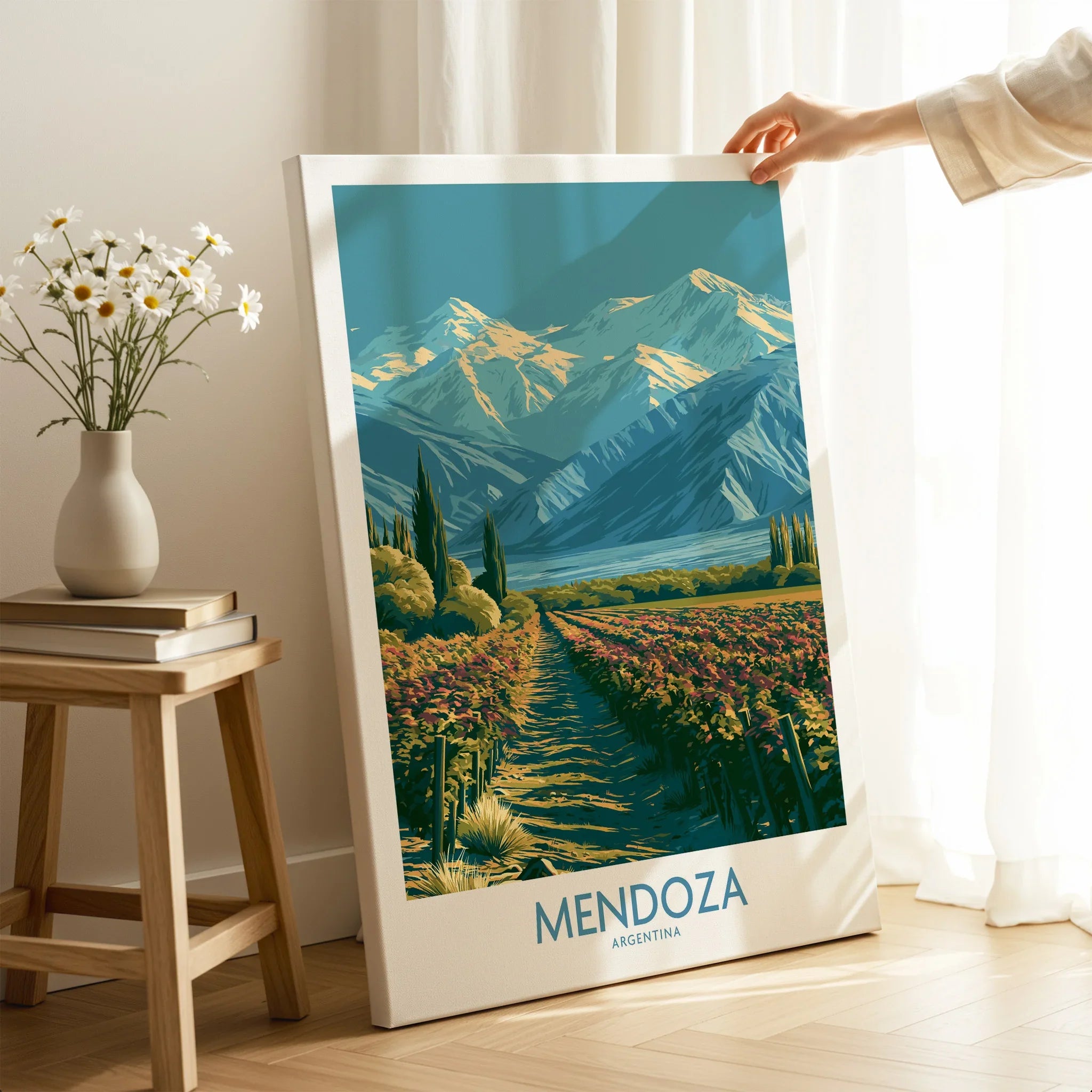Mendoza Argentina Andes Wall Art — canvas print mirror edge hand holding room setting