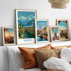 Mendoza Argentina Andes Wall Art — set five framed artprints above bed natural wood frames