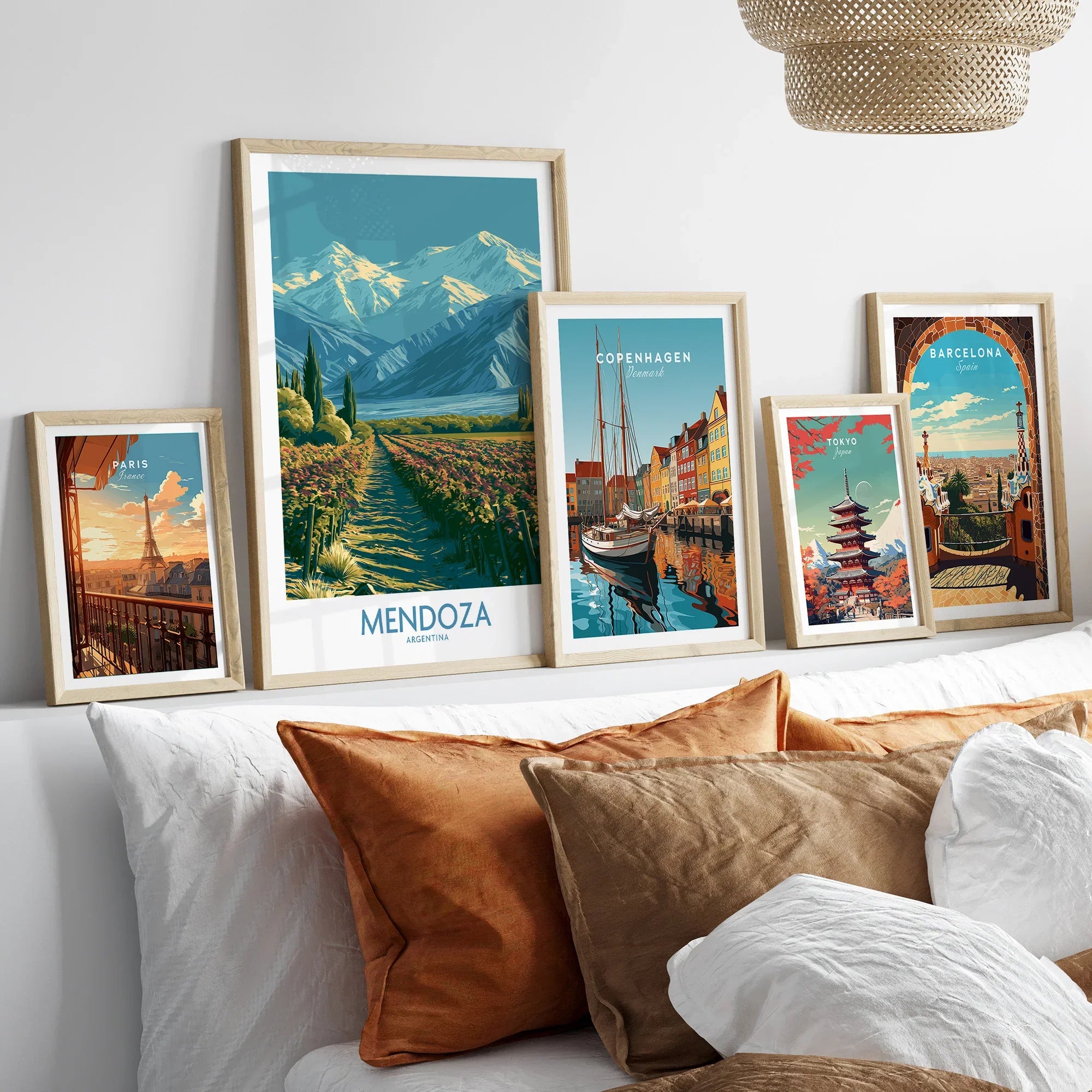 Mendoza Argentina Andes Wall Art — set five framed artprints above bed natural wood frames