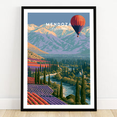 Mendoza Argentina Balloon Travel Poster — art print in black frame on wooden floor