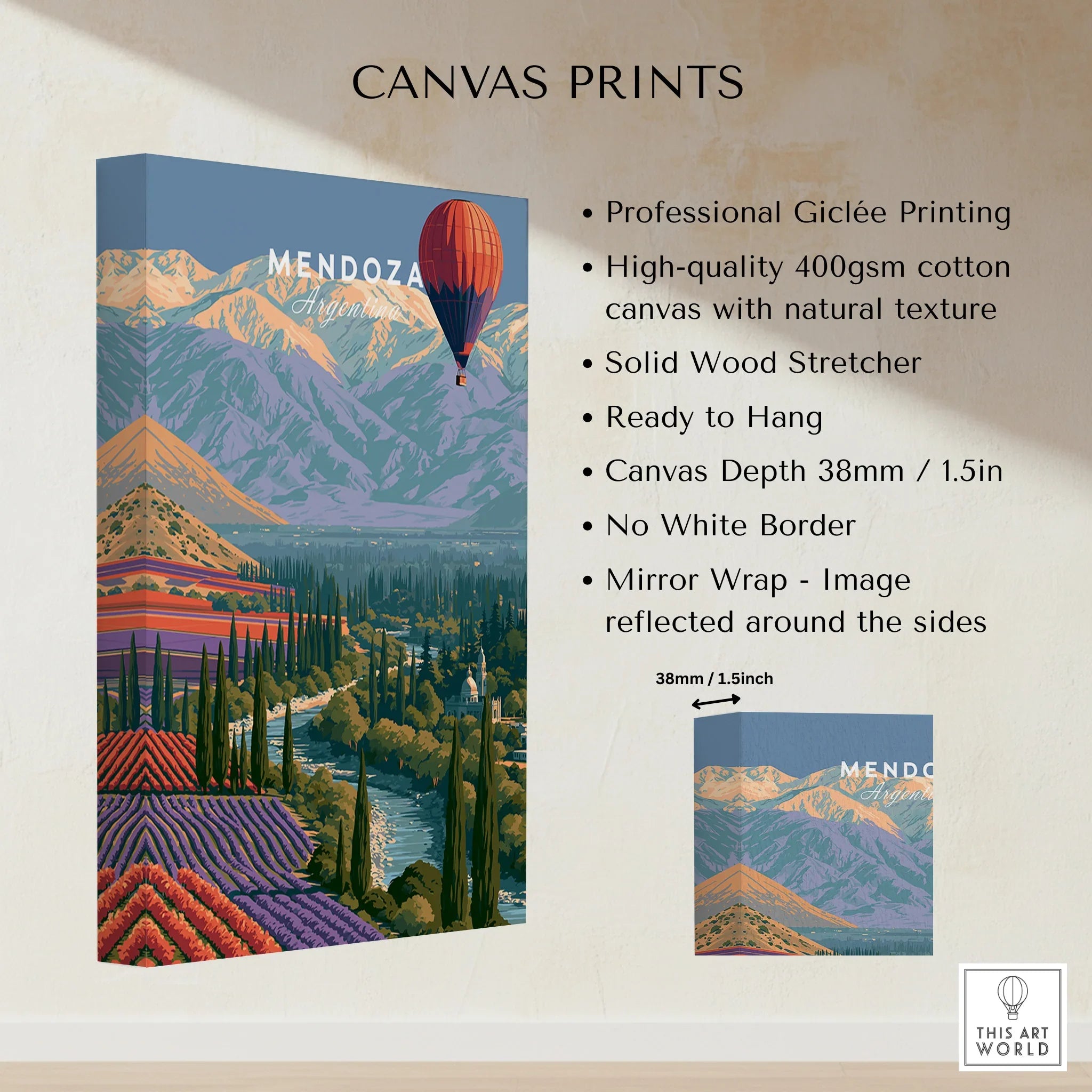 Mendoza Argentina Balloon Travel Poster — canvas print stretched cotton canvas details