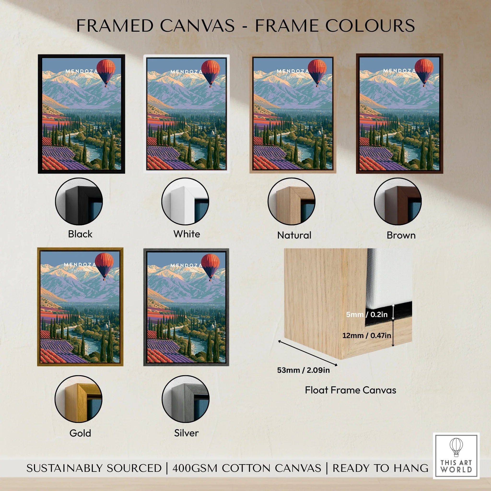Mendoza Argentina Balloon Travel Poster — framed canvas float frame colour options
