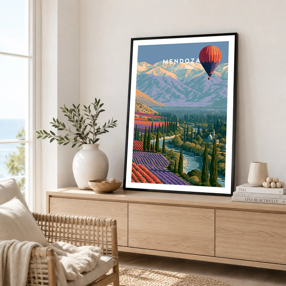 Mendoza Argentina Balloon Travel Poster — framed artwork living room lifestyle setting