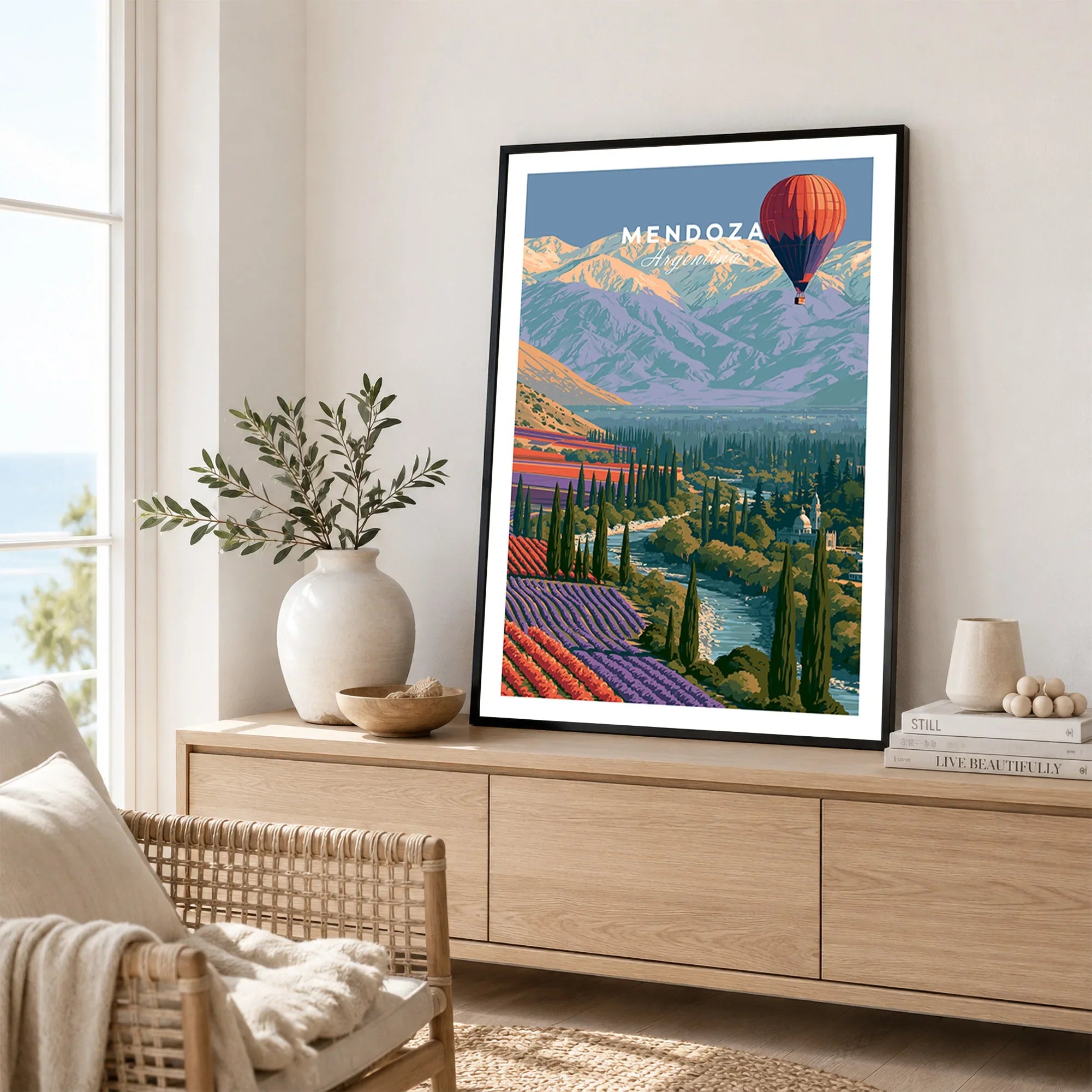 Mendoza Argentina Balloon Travel Poster — framed artwork living room lifestyle setting