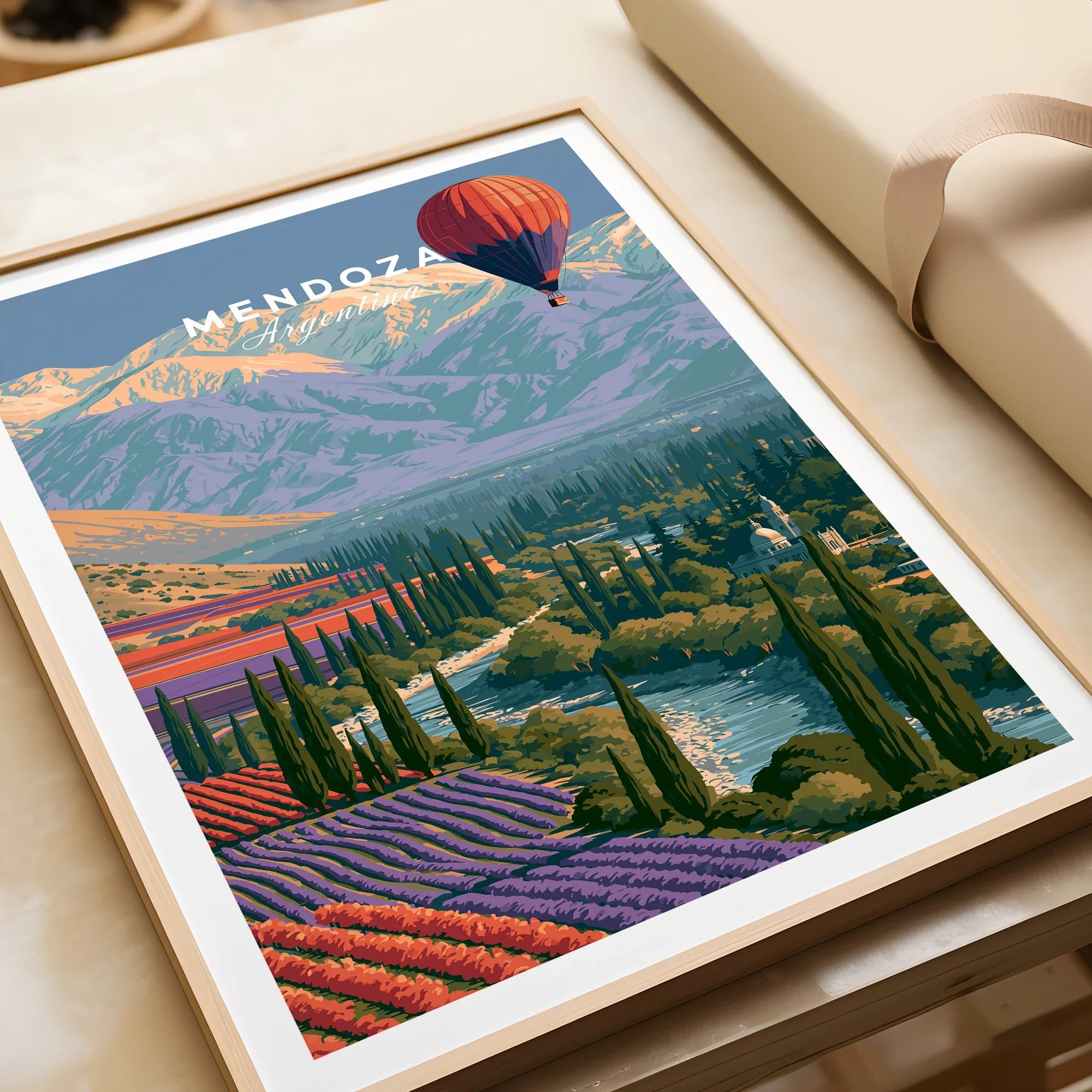 Mendoza Argentina Balloon Travel Poster — framed art print closeup gift unwrapped natural frame