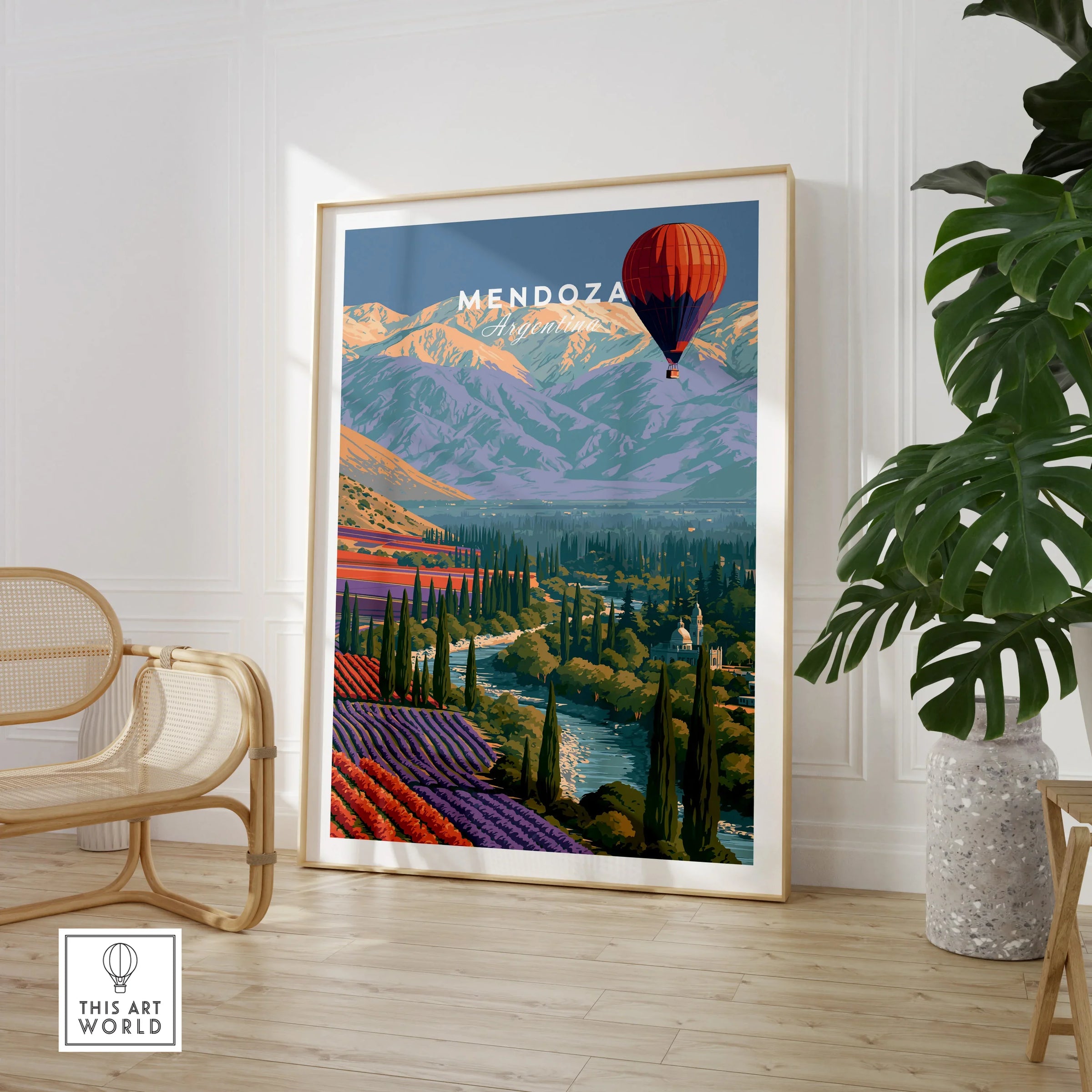 Mendoza Argentina Balloon Travel Poster — large framed print room setting chair plant