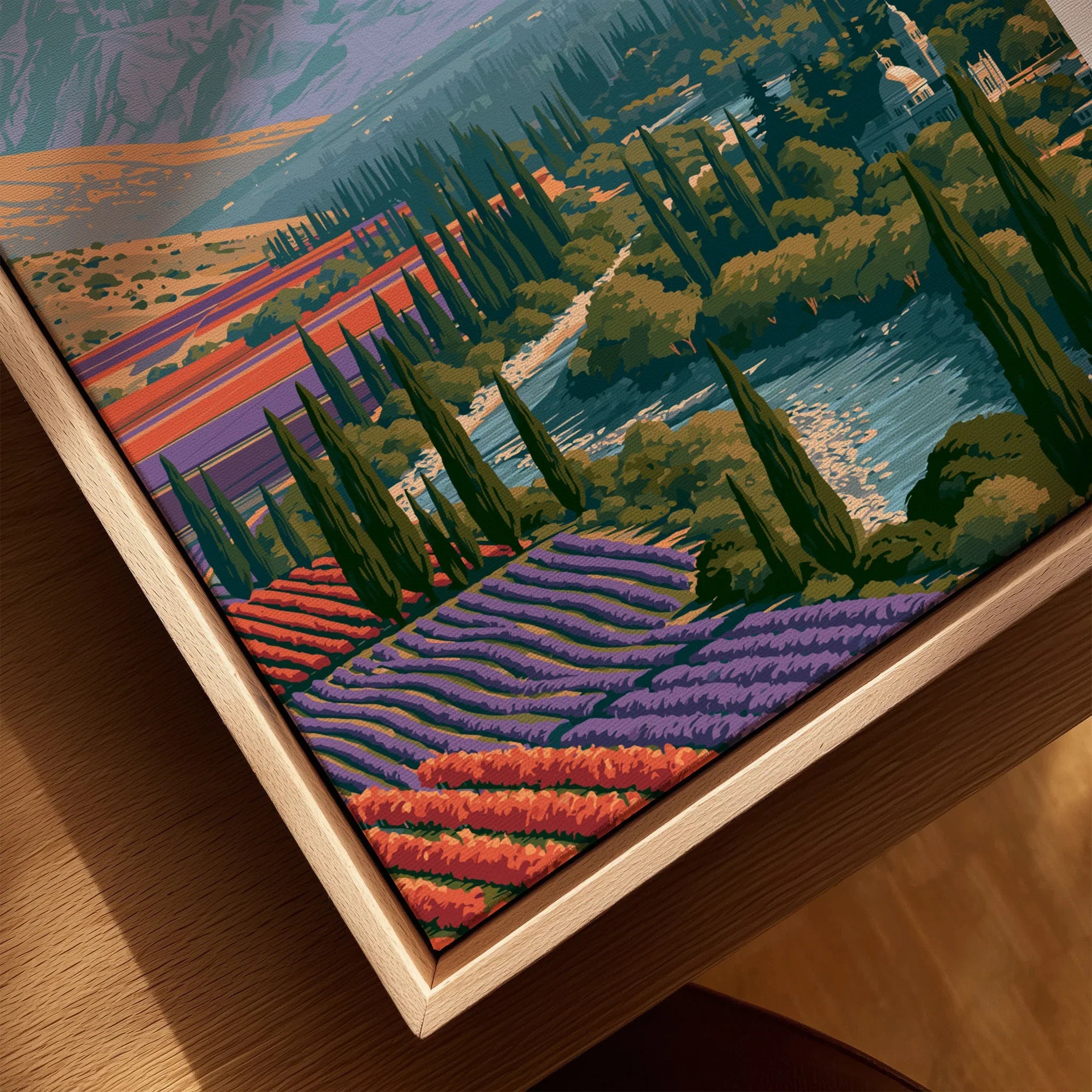 Mendoza Argentina Balloon Travel Poster — closeup framed canvas natural wood floating frame