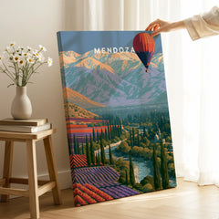 Mendoza Argentina Balloon Travel Poster — canvas print mirror edge hand holding room setting