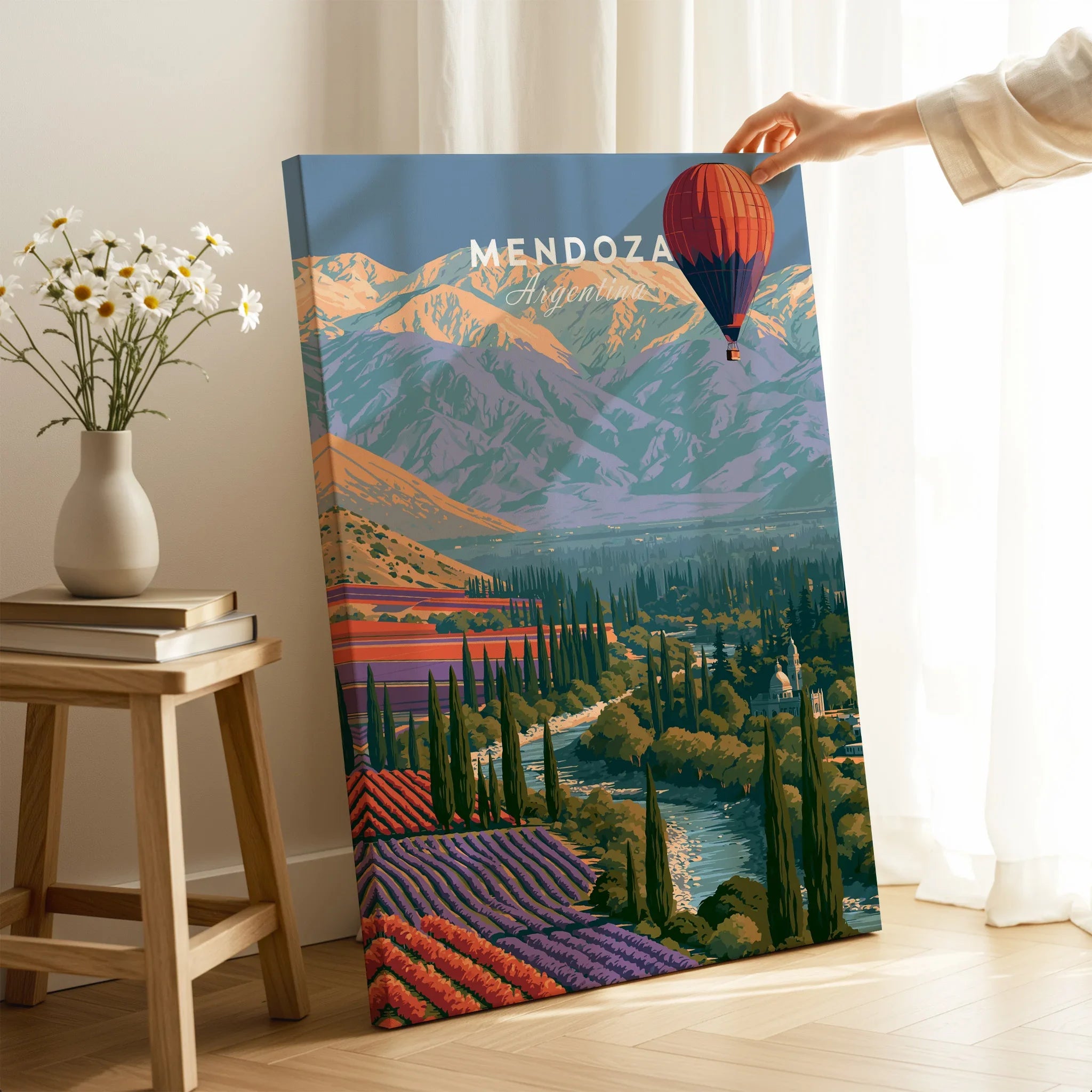 Mendoza Argentina Balloon Travel Poster — canvas print mirror edge hand holding room setting
