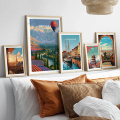 Mendoza Argentina Balloon Travel Poster — set five framed artprints above bed natural wood frames