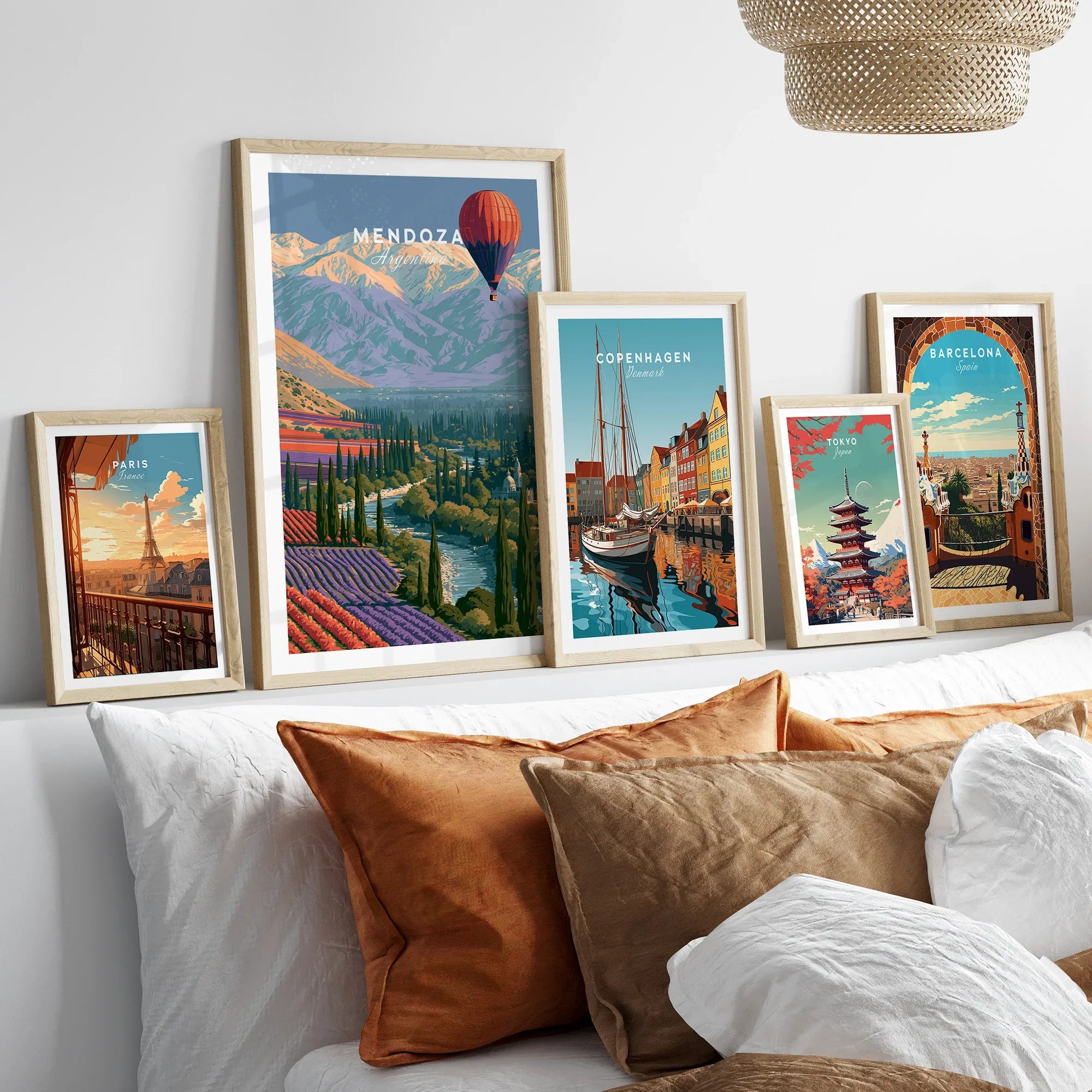 Mendoza Argentina Balloon Travel Poster — set five framed artprints above bed natural wood frames