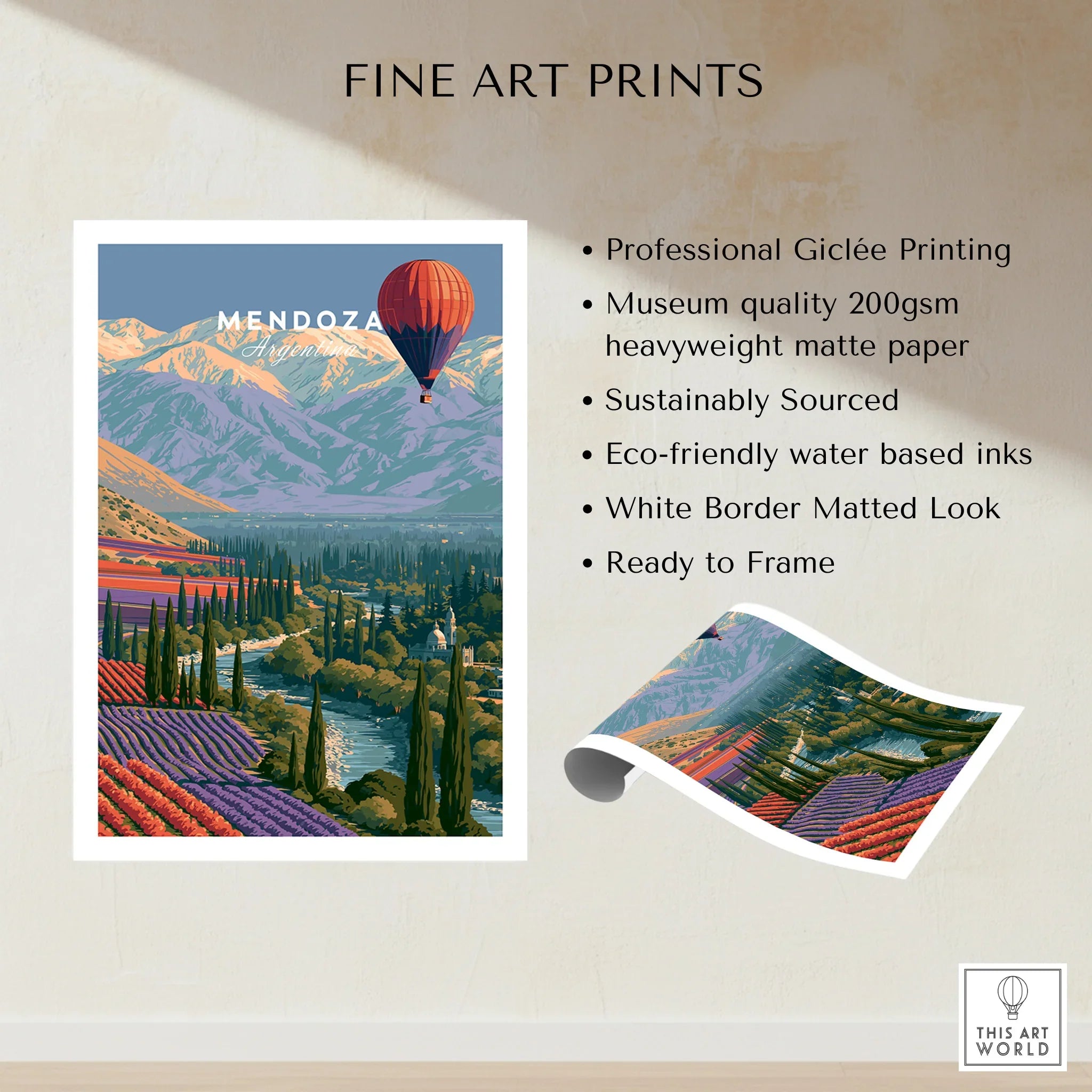 Mendoza Argentina Balloon Travel Poster — fine art print unframed quality details