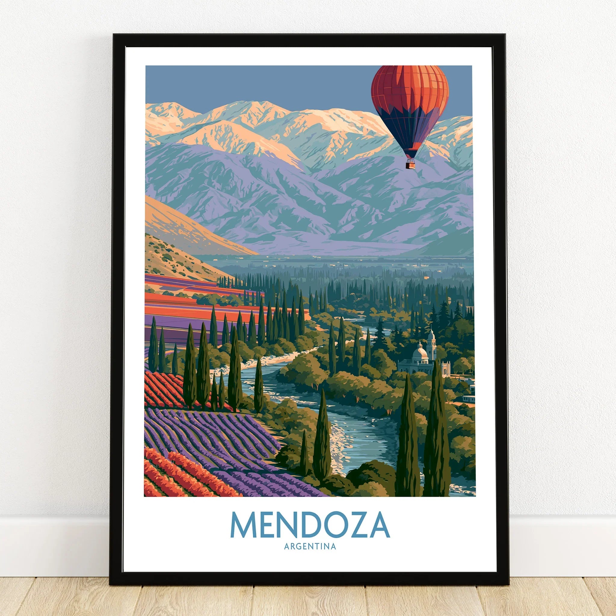 Mendoza Argentina Valley Wall Art — art print in black frame on wooden floor