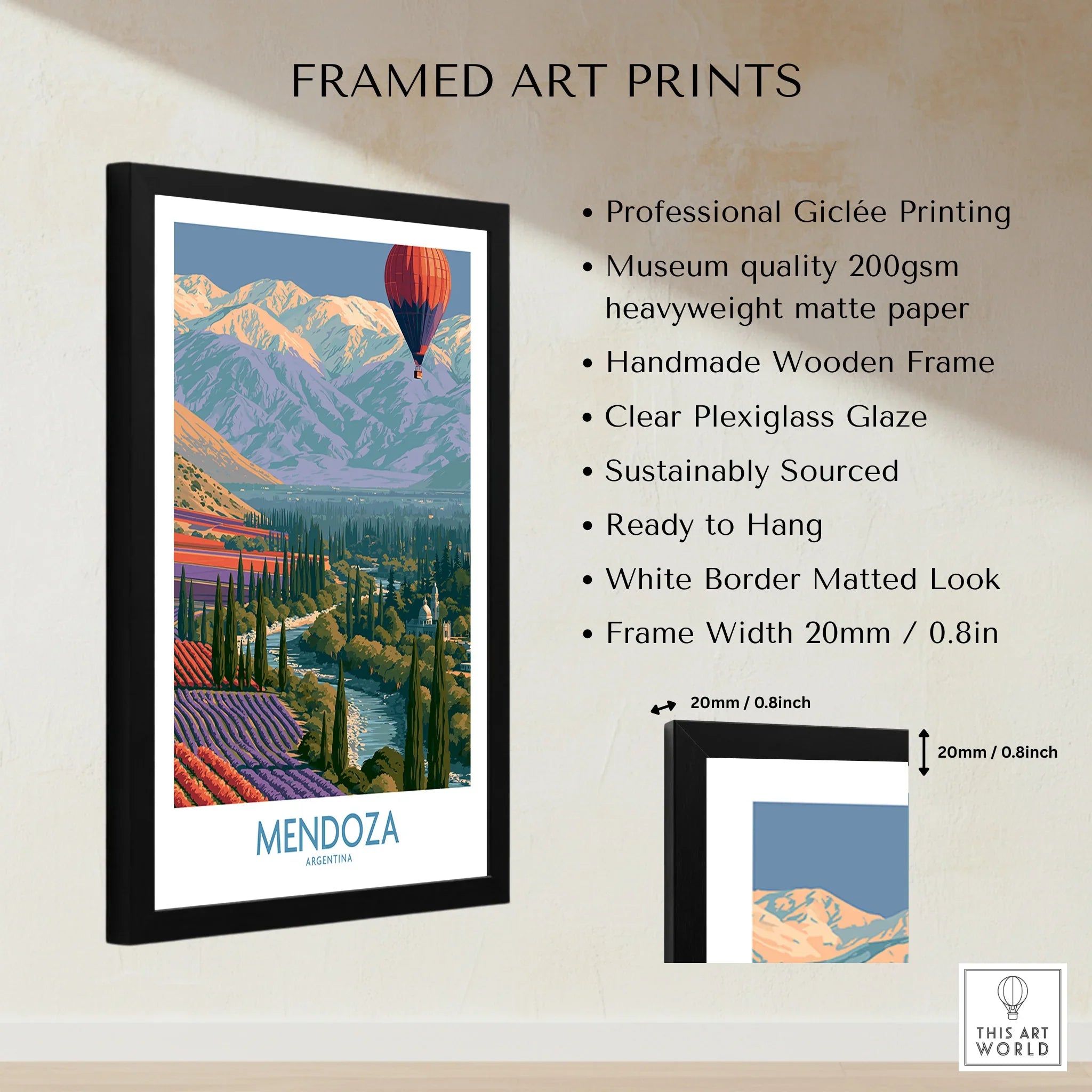 Mendoza Argentina Valley Wall Art — framed print details measurements quality details