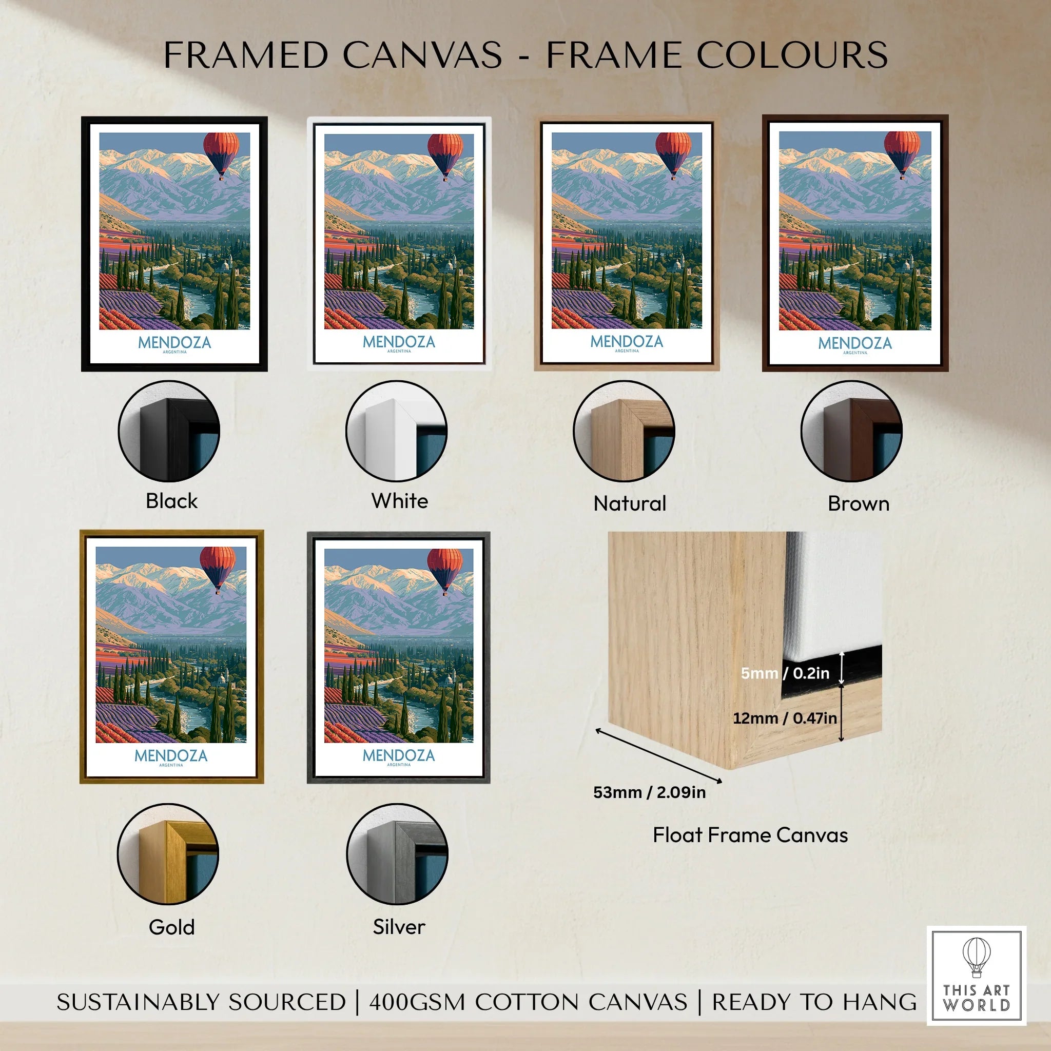 Mendoza Argentina Valley Wall Art — framed canvas float frame colour options