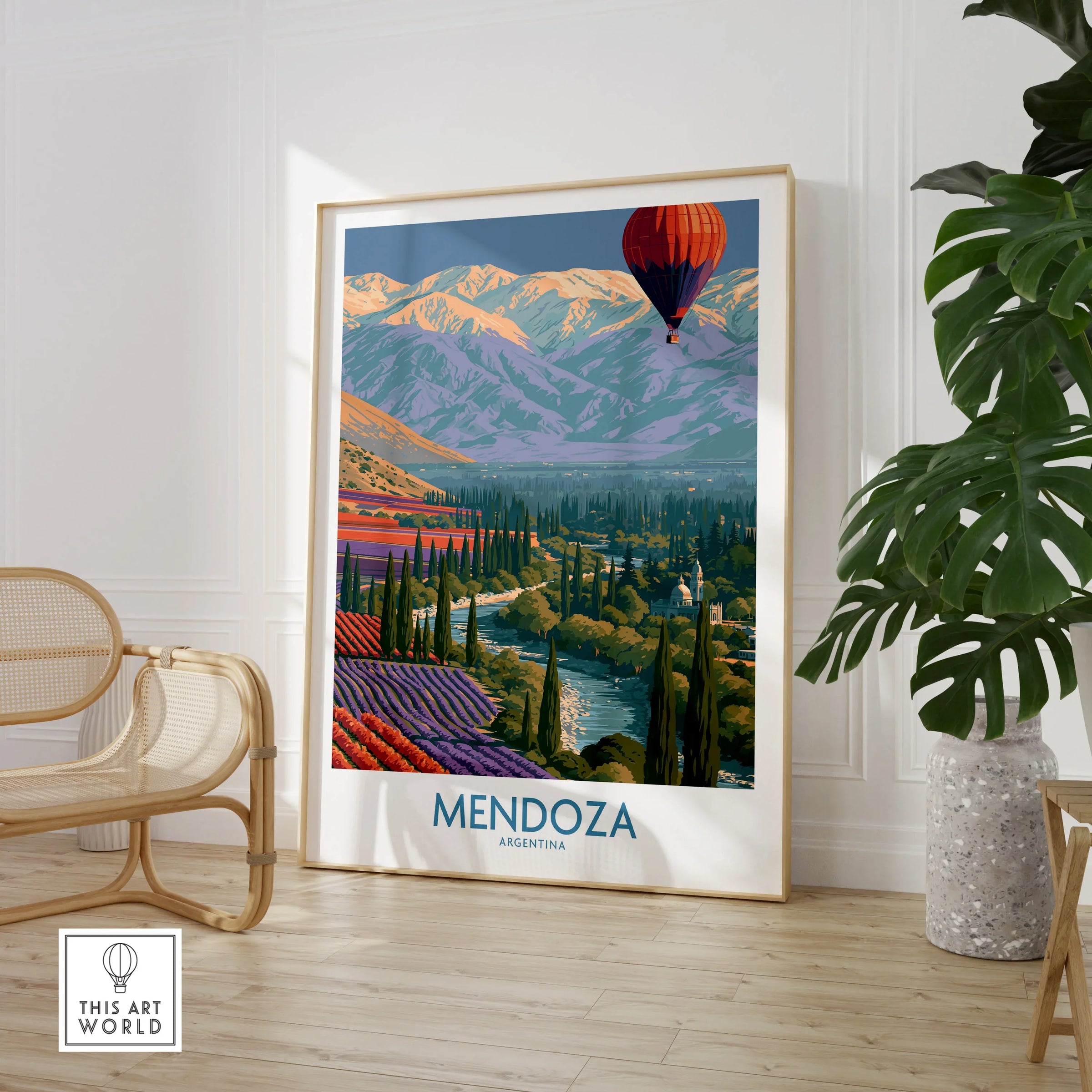Mendoza Argentina Valley Wall Art — large framed print room setting chair plant