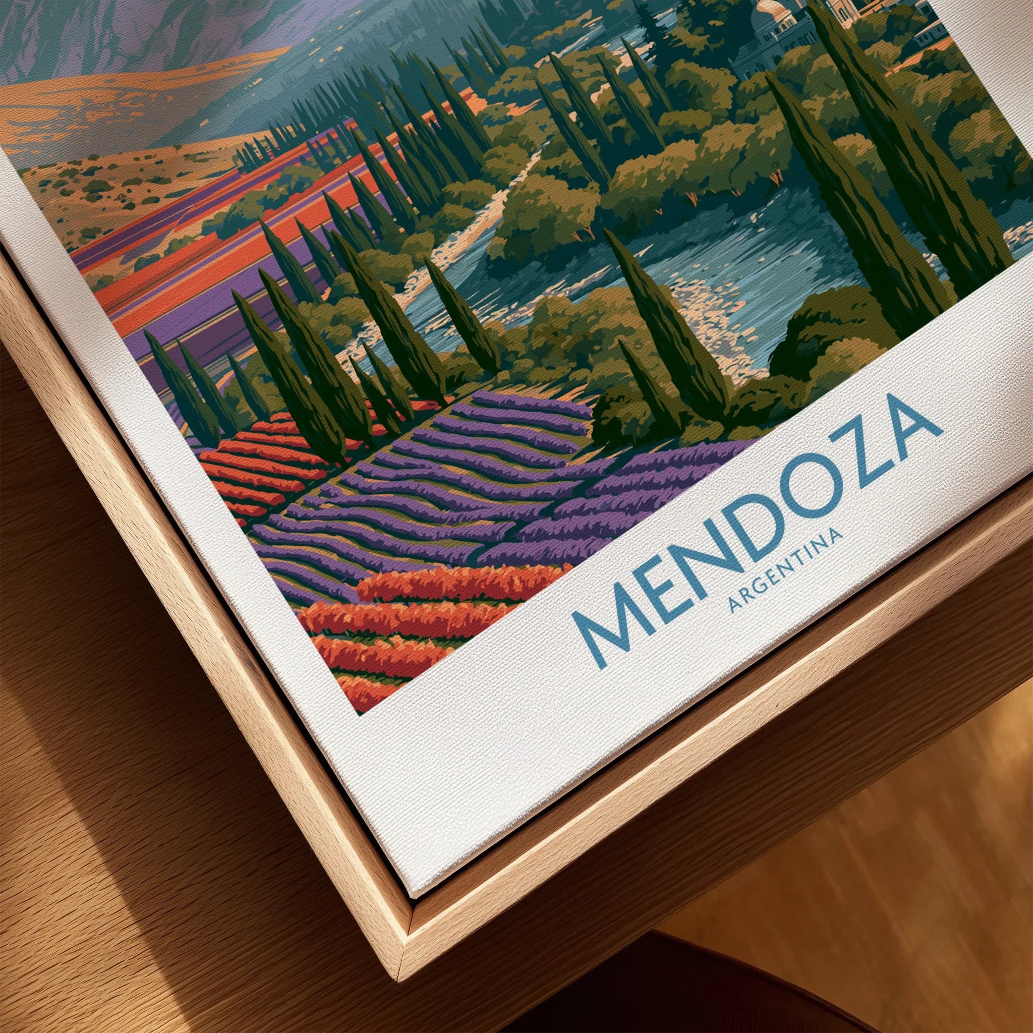 Mendoza Argentina Valley Wall Art — closeup framed canvas natural wood floating frame