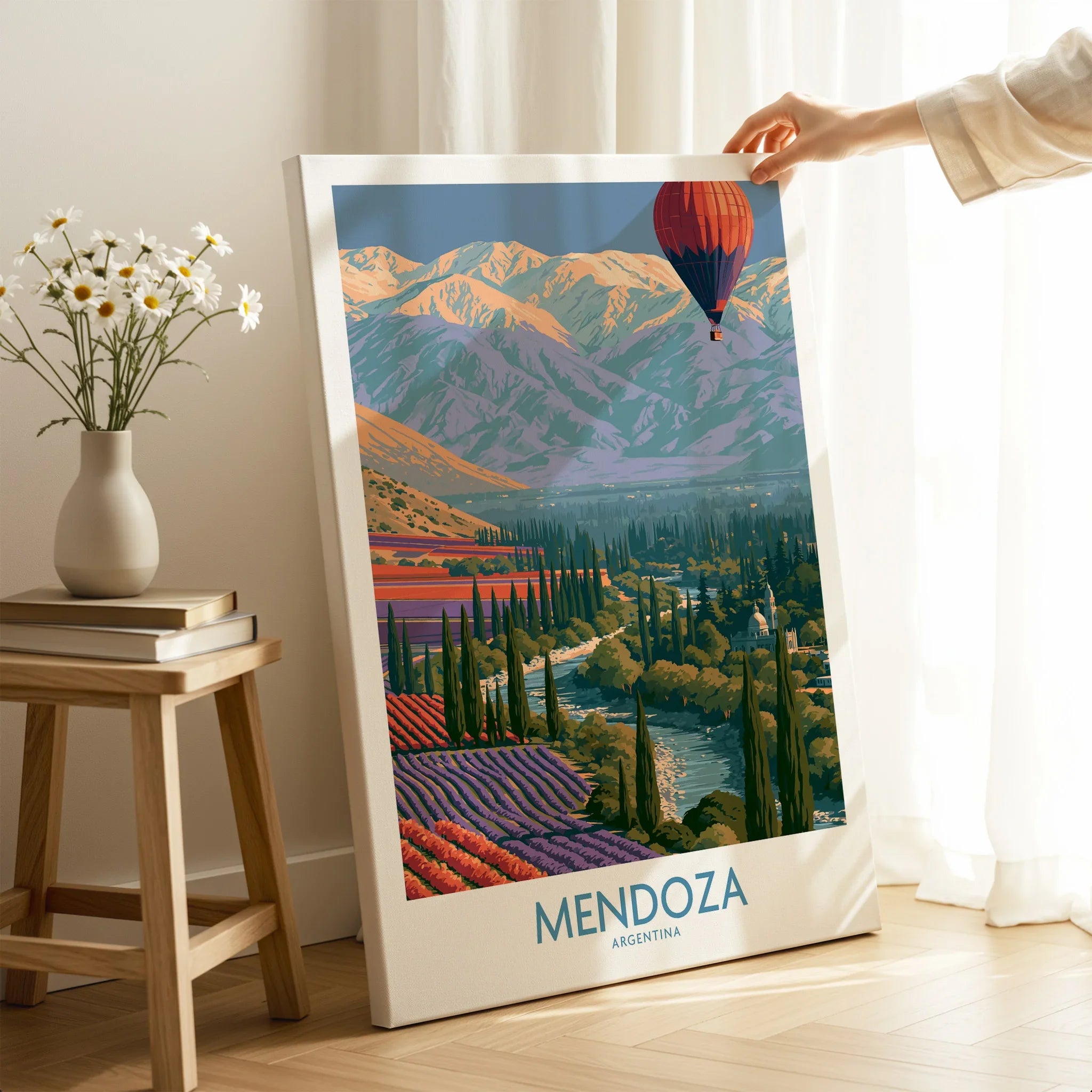 Mendoza Argentina Valley Wall Art — canvas print mirror edge hand holding room setting