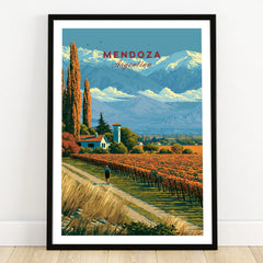 Mendoza Argentina Bodega Travel Poster — art print in black frame on wooden floor