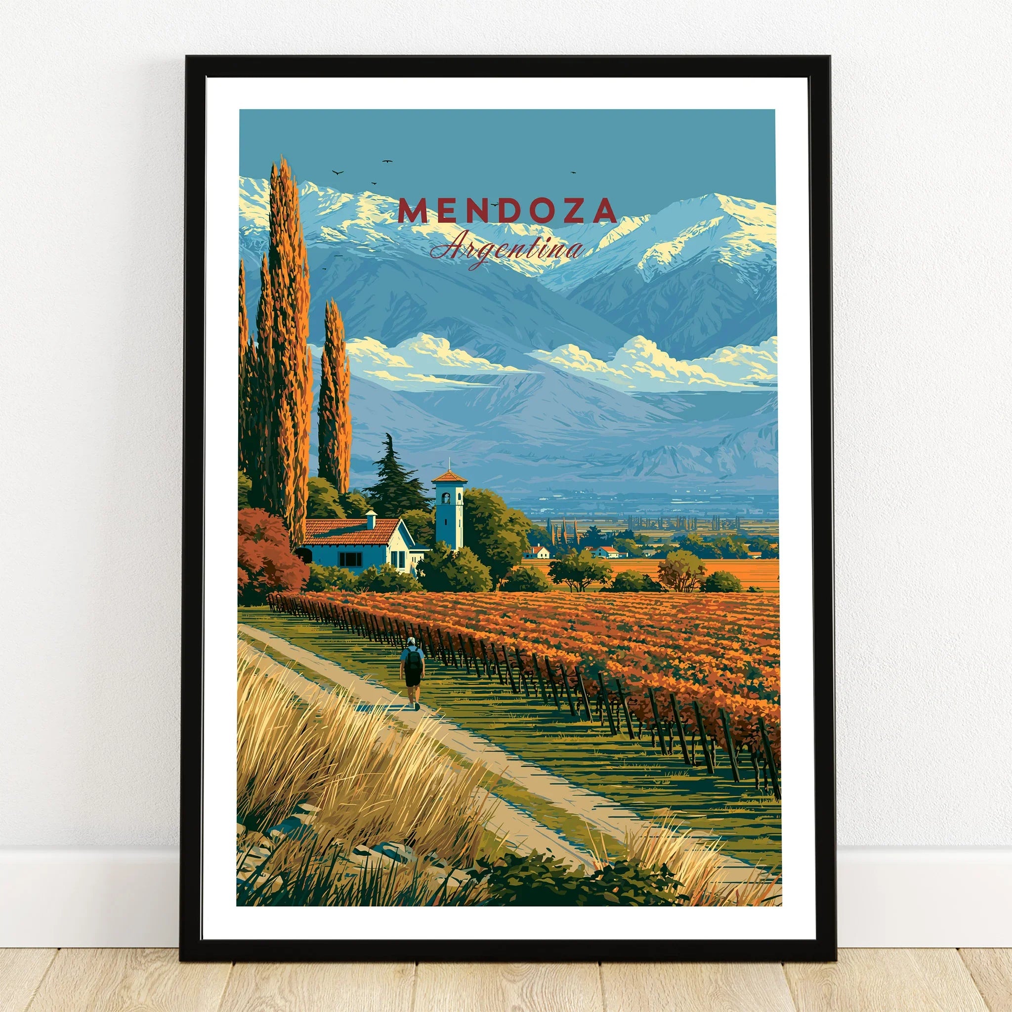 Mendoza Argentina Bodega Travel Poster — art print in black frame on wooden floor
