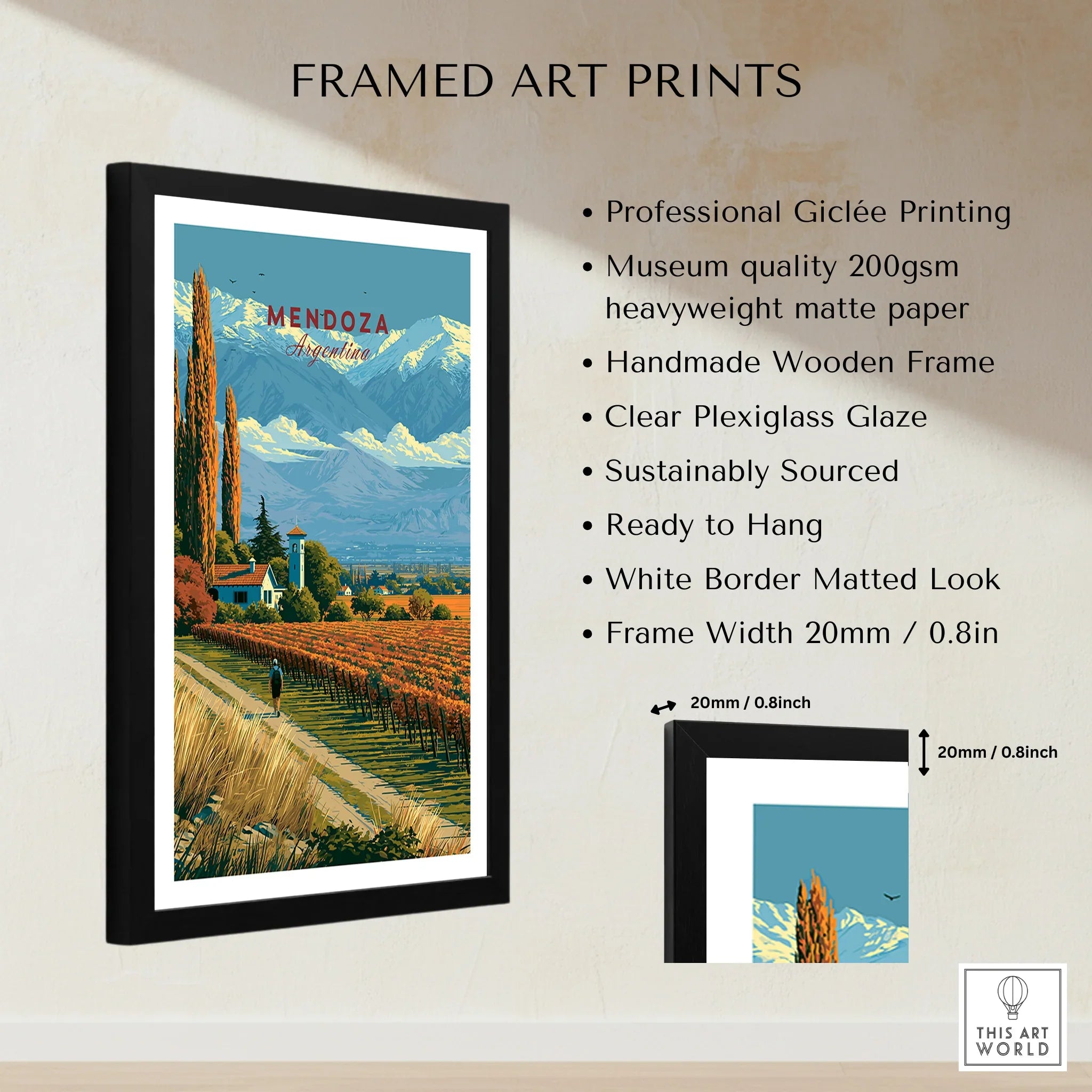 Mendoza Argentina Bodega Travel Poster — framed print details measurements quality details