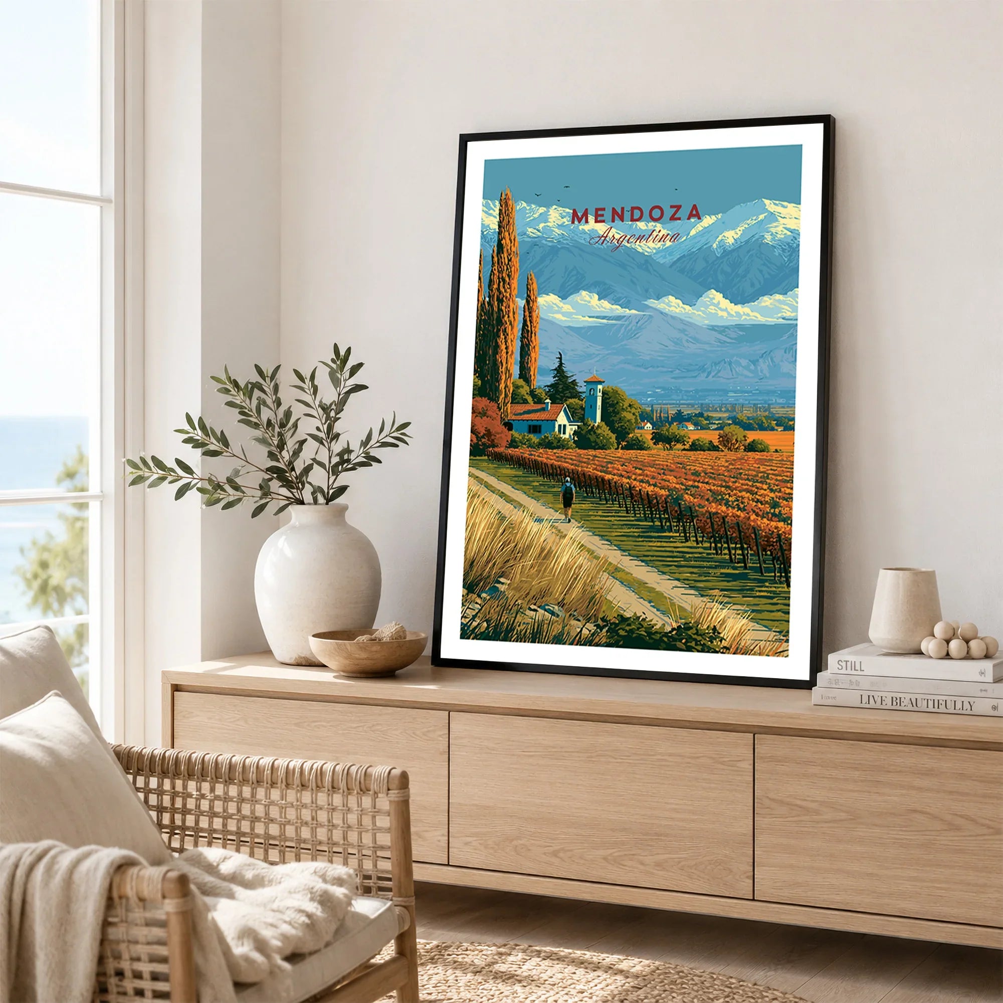 Mendoza Argentina Bodega Travel Poster — framed artwork living room lifestyle setting