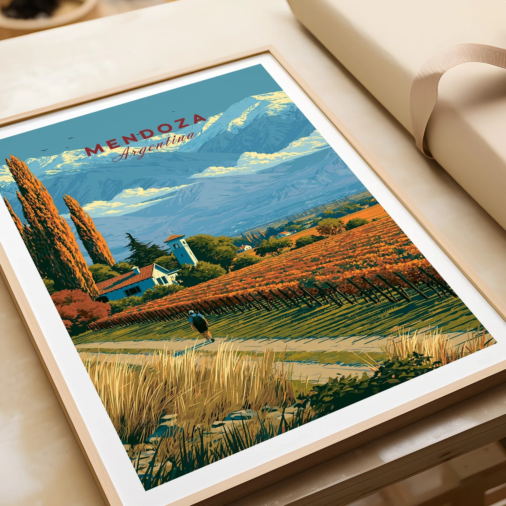 Mendoza Argentina Bodega Travel Poster — framed art print closeup gift unwrapped natural frame